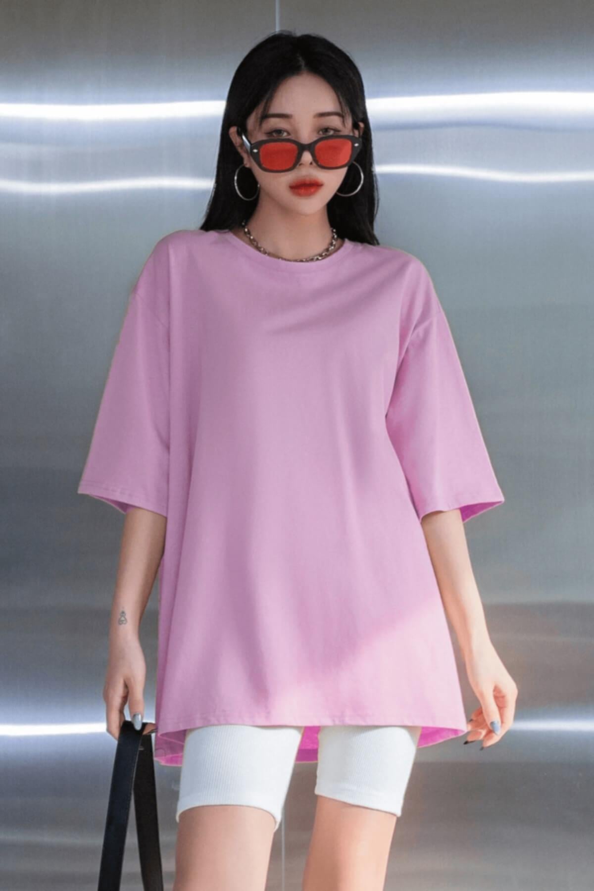 Açık Pembe Basic Düz Baskısız Oversize Salas Boyfriend Kadın T-Shirt