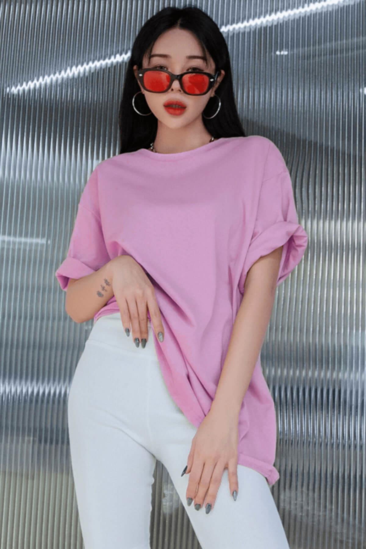 Açık Pembe Basic Düz Baskısız Oversize Salas Boyfriend Kadın T-Shirt
