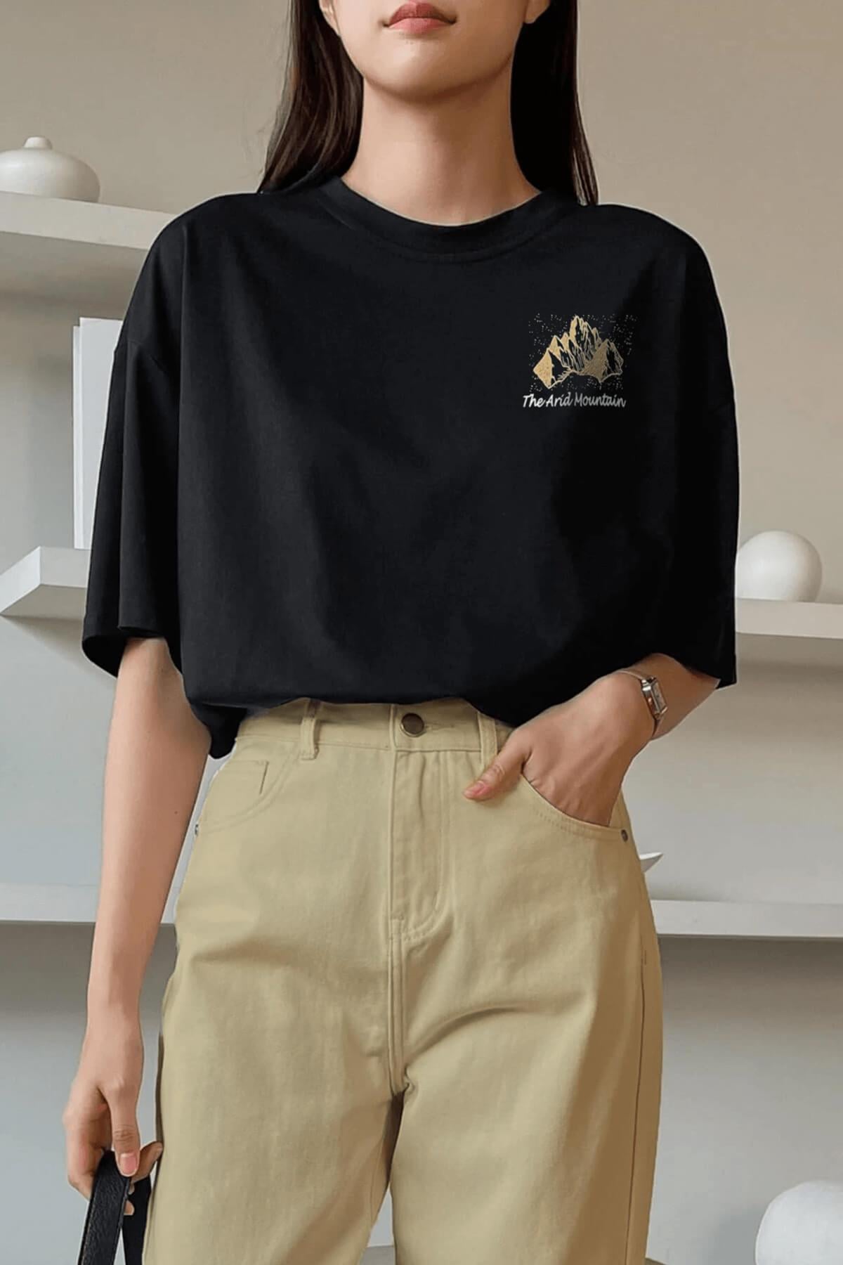 Arid Mountain Siyah Oversize Salas Boyfriend Kadın T-Shirt