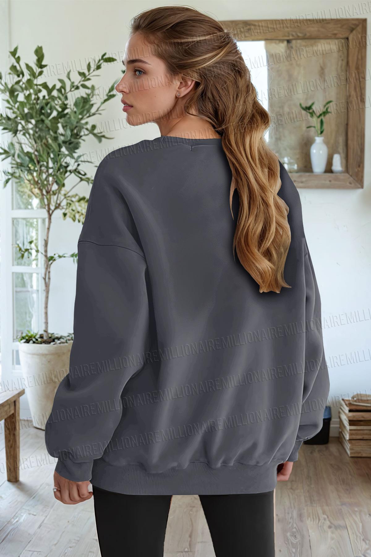 Basic 0 Sıfır Yaka Baskısız Düz Oversize Salaş Bol Kesim Polar Sweatshirt
