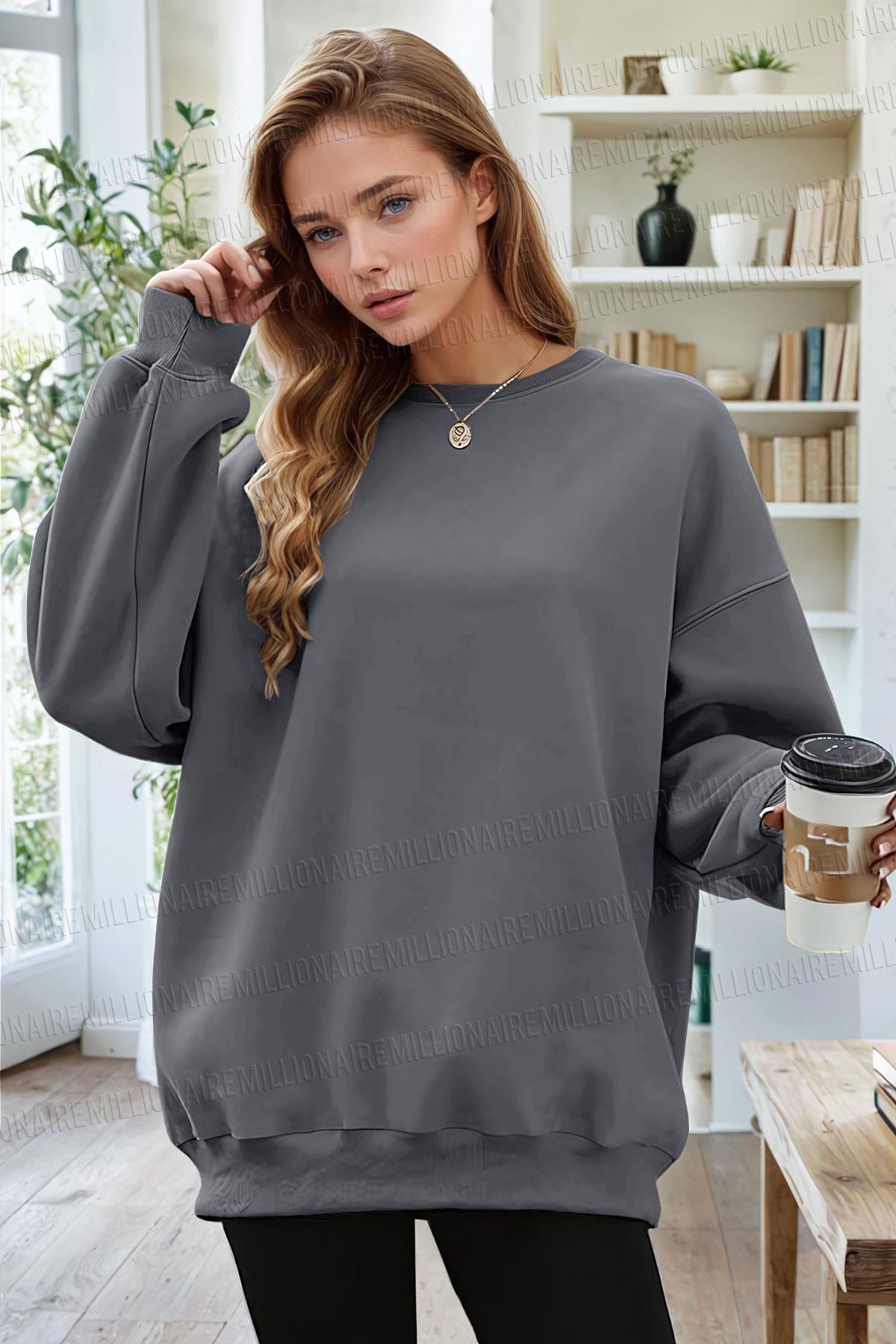Basic 0 Sıfır Yaka Baskısız Düz Oversize Salaş Bol Kesim Polar Sweatshirt