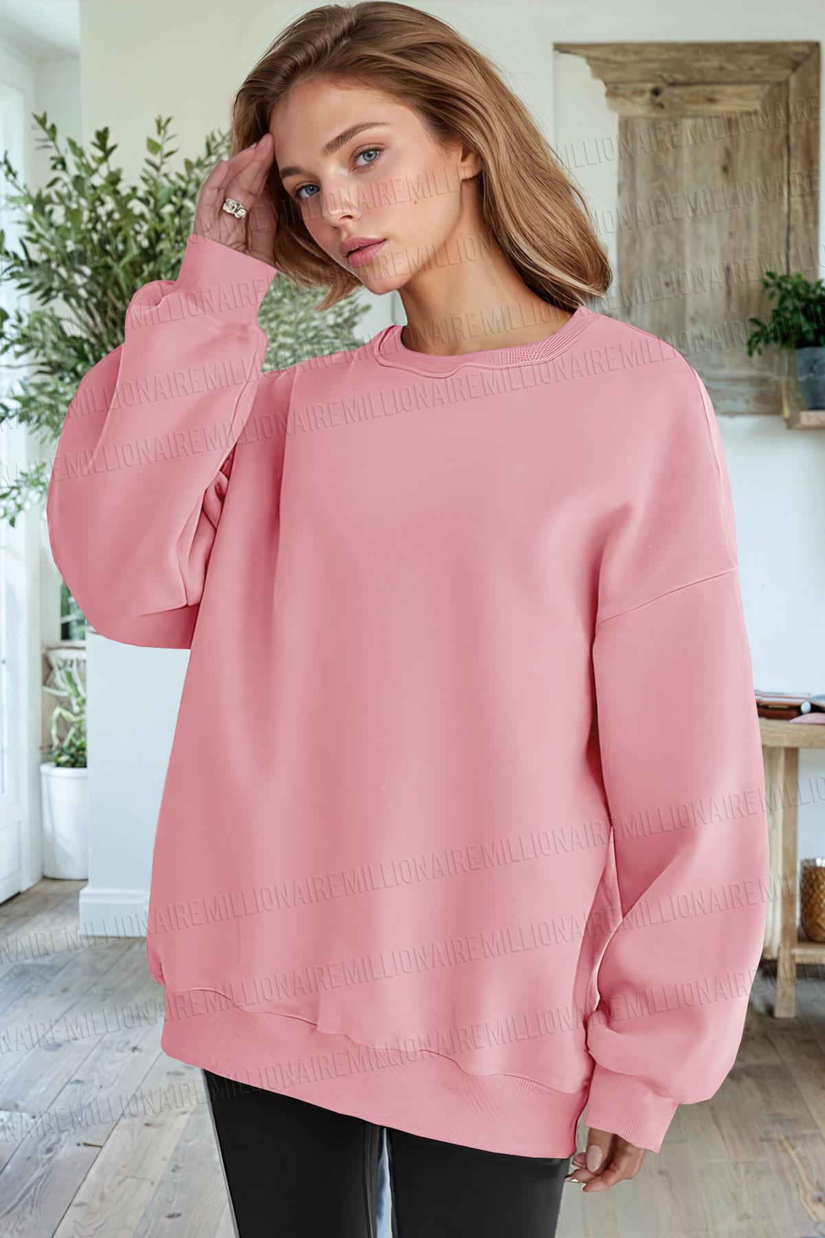 Basic 0 Sıfır Yaka Baskısız Düz Oversize Salaş Bol Kesim Polar Sweatshirt