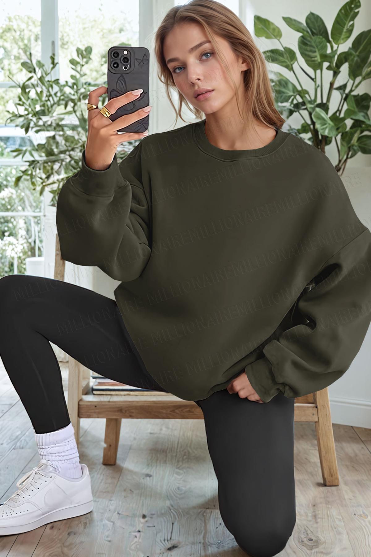 Basic 0 Sıfır Yaka Baskısız Düz Oversize Salaş Bol Kesim Polar Sweatshirt