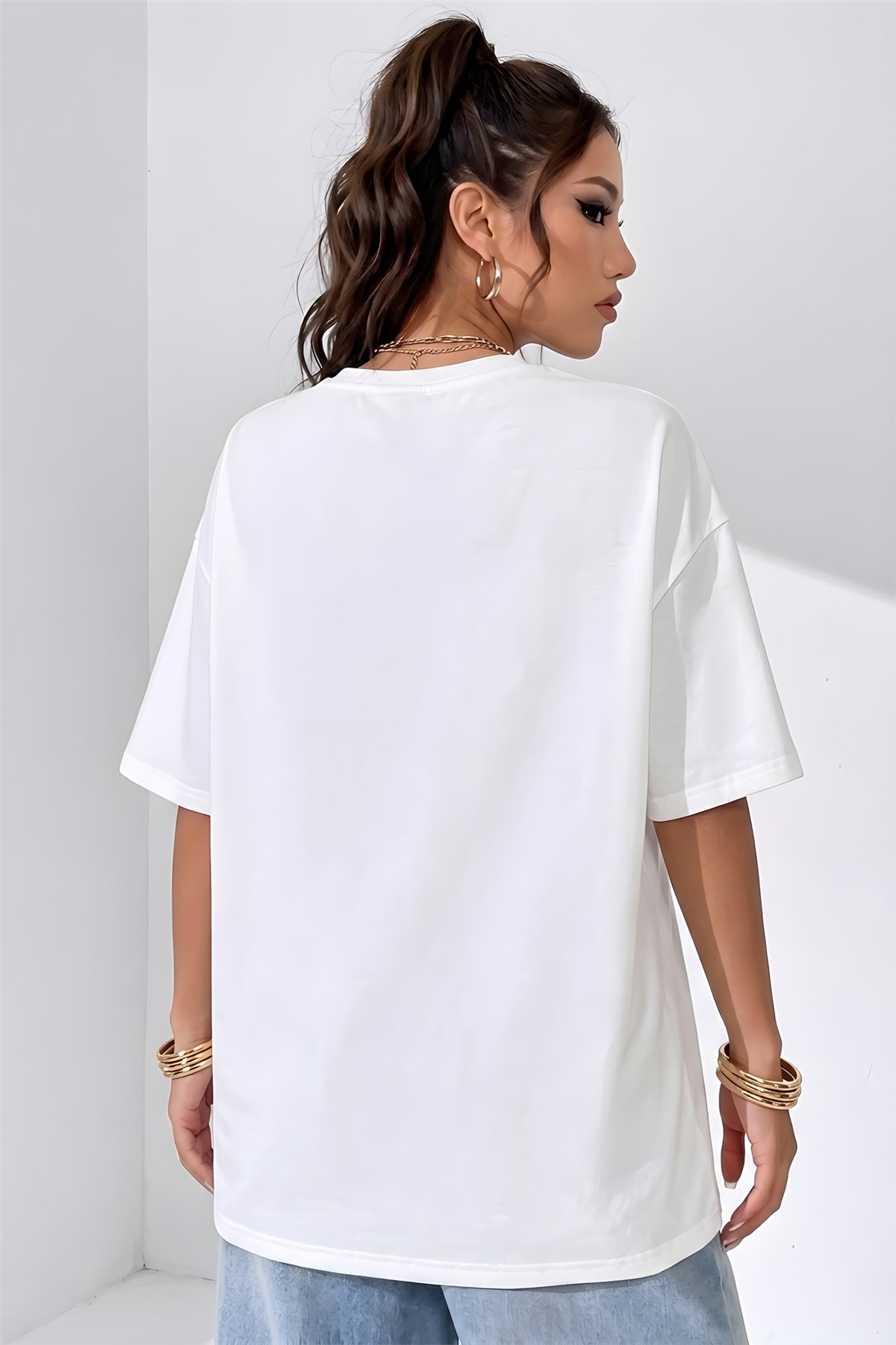 Beyaz Basic Düz Baskısız Oversize Salas Boyfriend Kadın T-Shirt