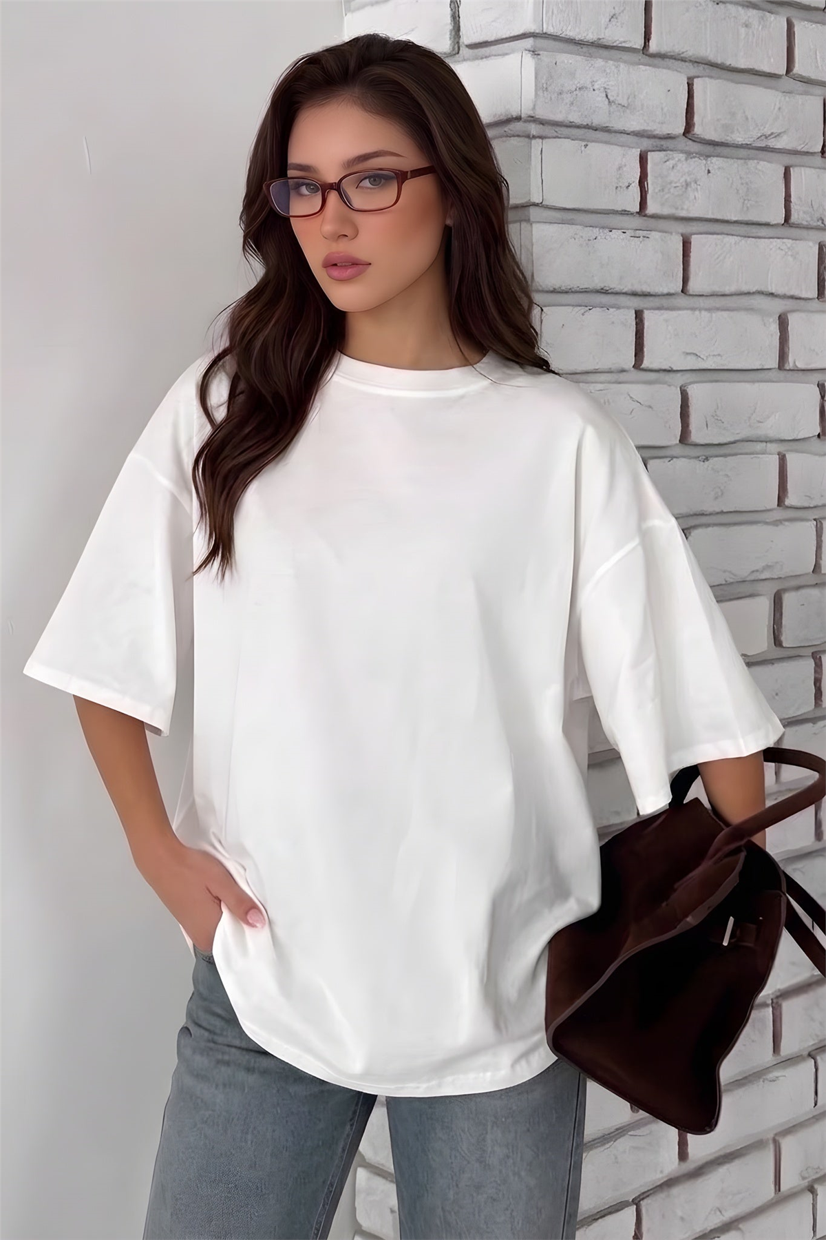 Beyaz Basic Düz Baskısız Oversize Salas Boyfriend Kadın T-Shirt