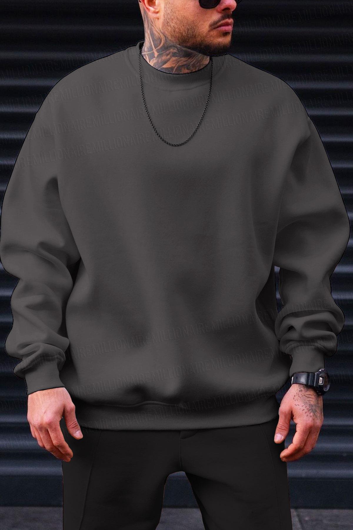 Düz Basic Baskısız Sıfır Bisiklet Yaka Oversize Salaş Sweatshirt Sweat