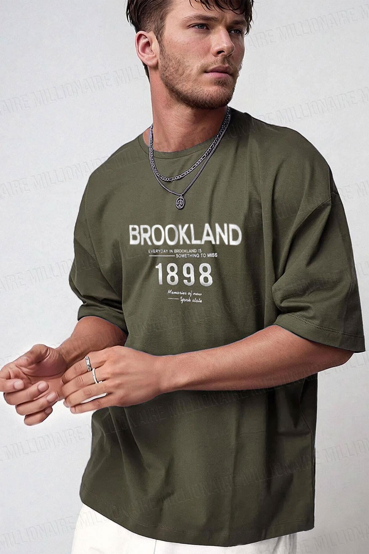 Erkek 1898 Baskılı Haki Oversize Salas T-Shirt