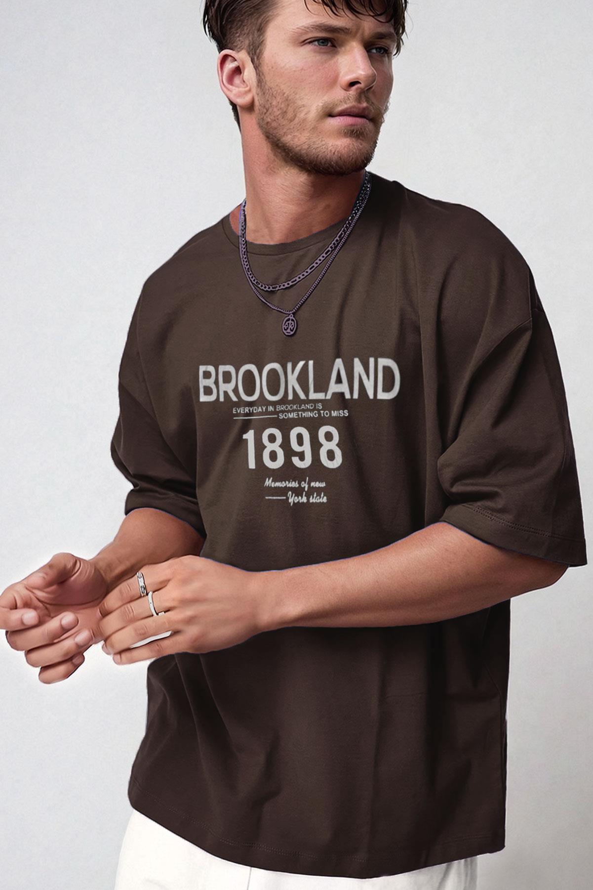 Erkek 1898 Baskılı Kahverengi Oversize Salas Boyfriend T-Shirt