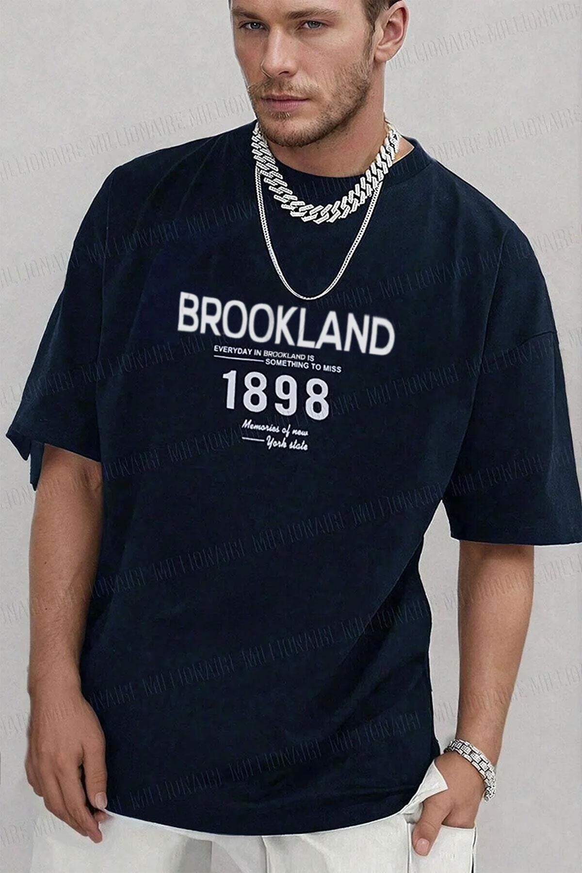 Erkek 1898 Baskılı Lacivert Oversize Salas T-Shirt