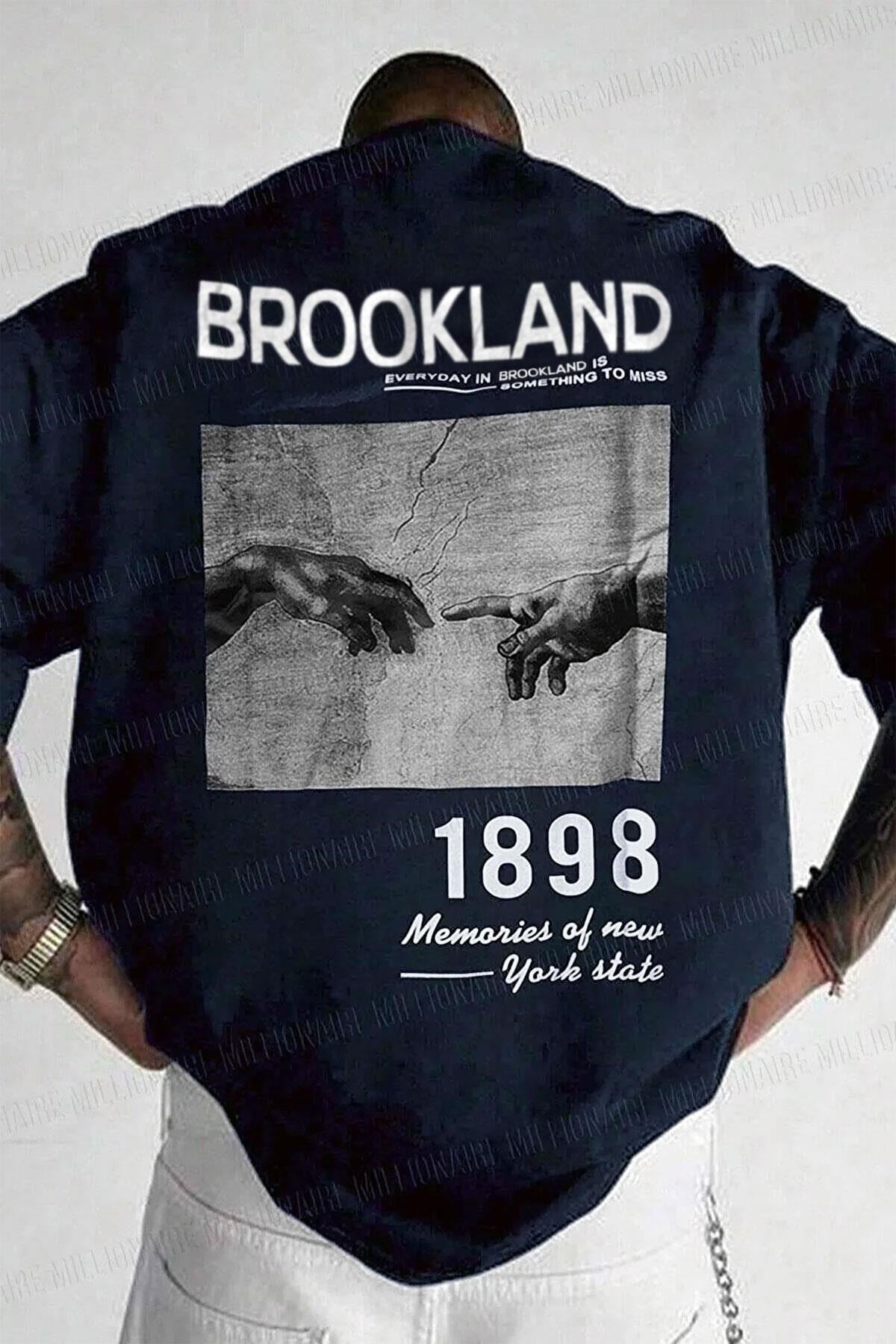 Erkek 1898 Baskılı Lacivert Oversize Salas T-shirt