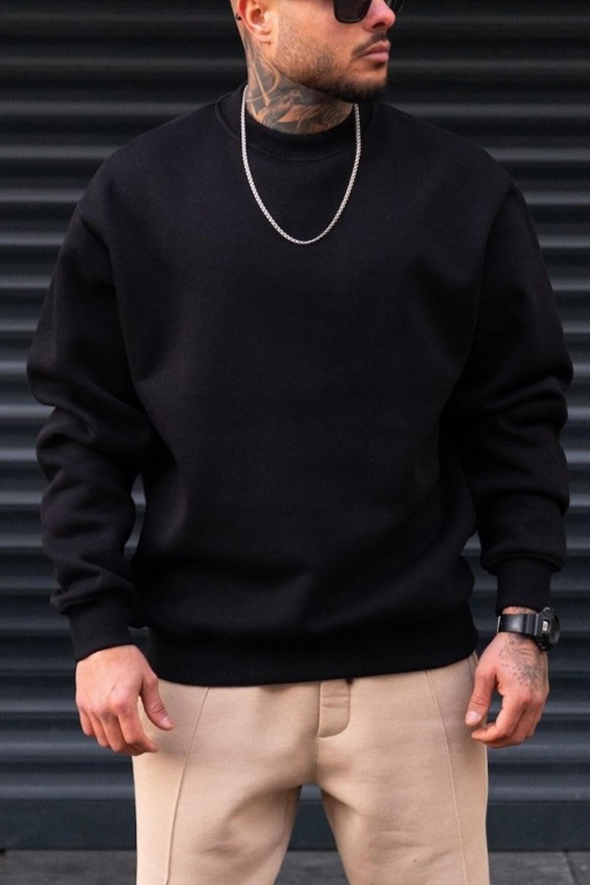 Erkek 2'Li Paket Düz Siyah ve Beyaz Basic Baskısız Sıfır Bisiklet Yaka Oversize Salaş Sweatshirt Sweat