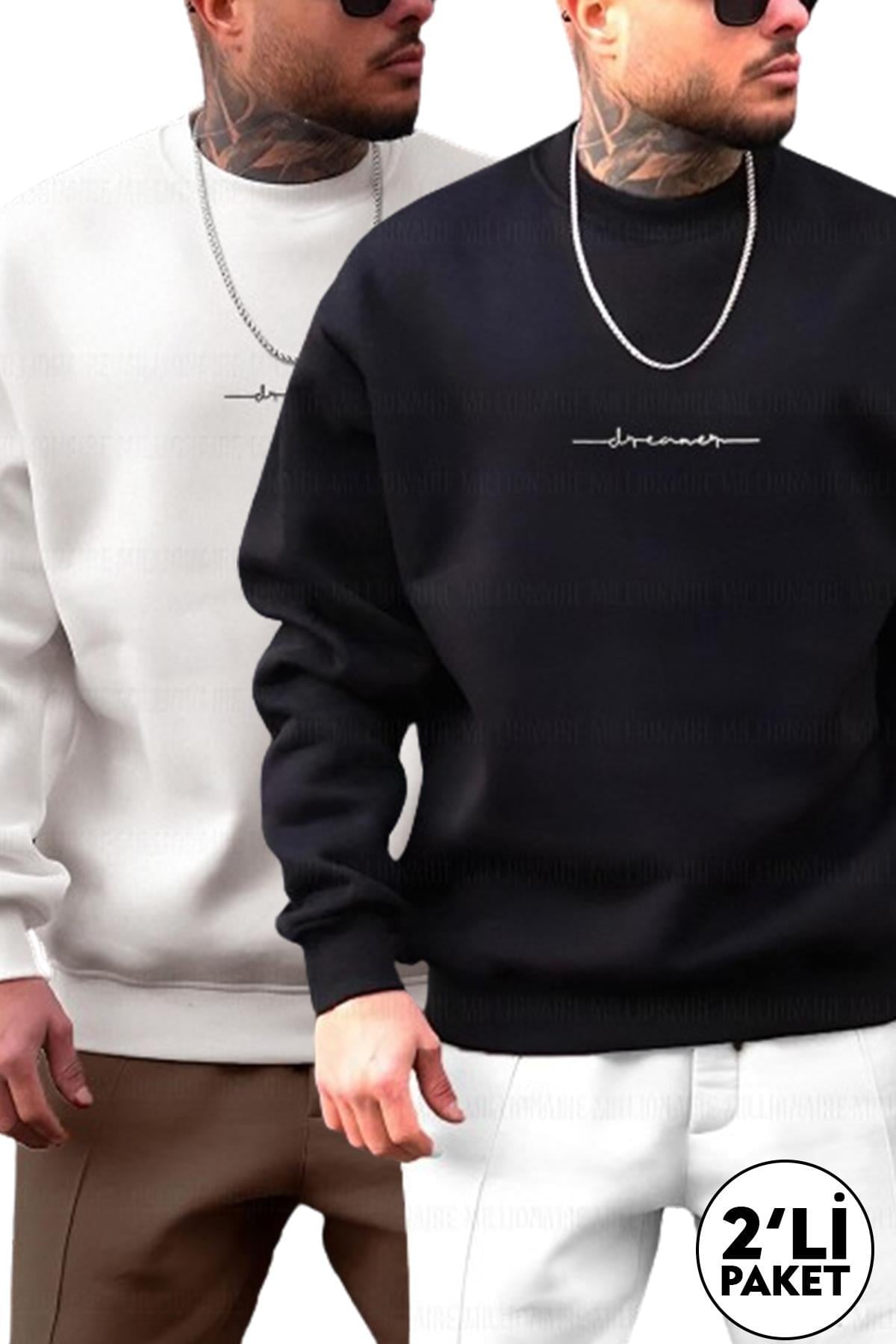 Erkek 2'Li Paket Siyah ve Beyaz  Dreamer Baskılı 0 Sıfır Yaka Oversize Salaş Bol Kesim Polar Sweatshirt