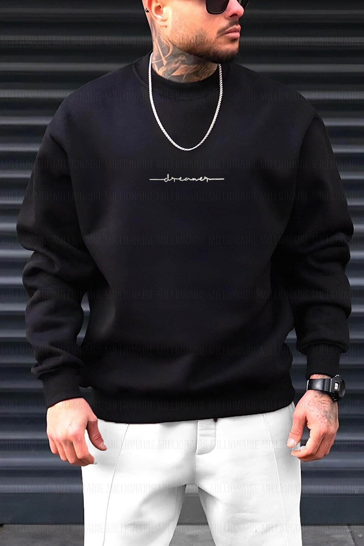 Erkek 2'Li Paket Siyah ve Beyaz  Dreamer Baskılı 0 Sıfır Yaka Oversize Salaş Bol Kesim Polar Sweatshirt