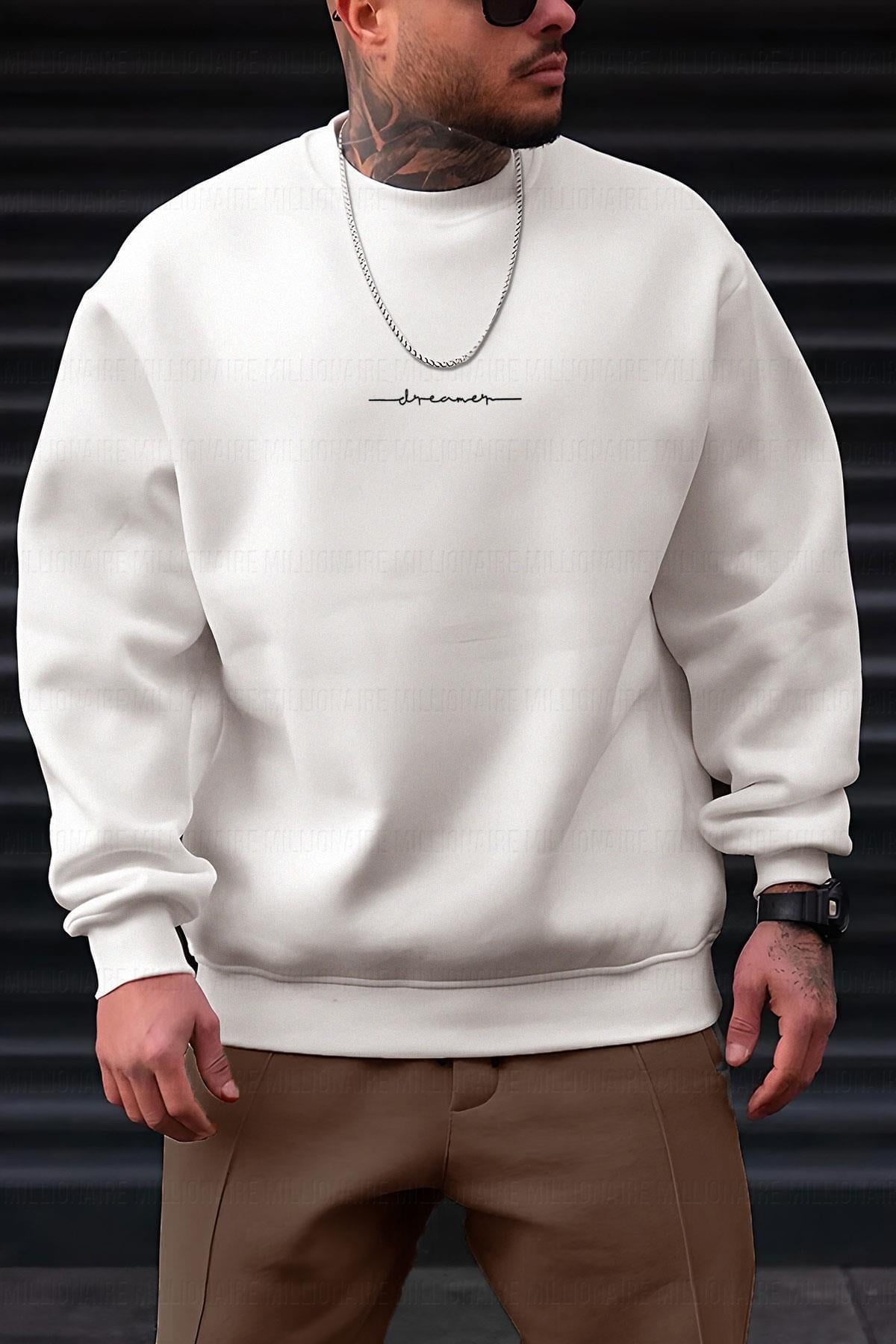 Erkek 2'Li Paket Siyah ve Beyaz  Dreamer Baskılı 0 Sıfır Yaka Oversize Salaş Bol Kesim Polar Sweatshirt