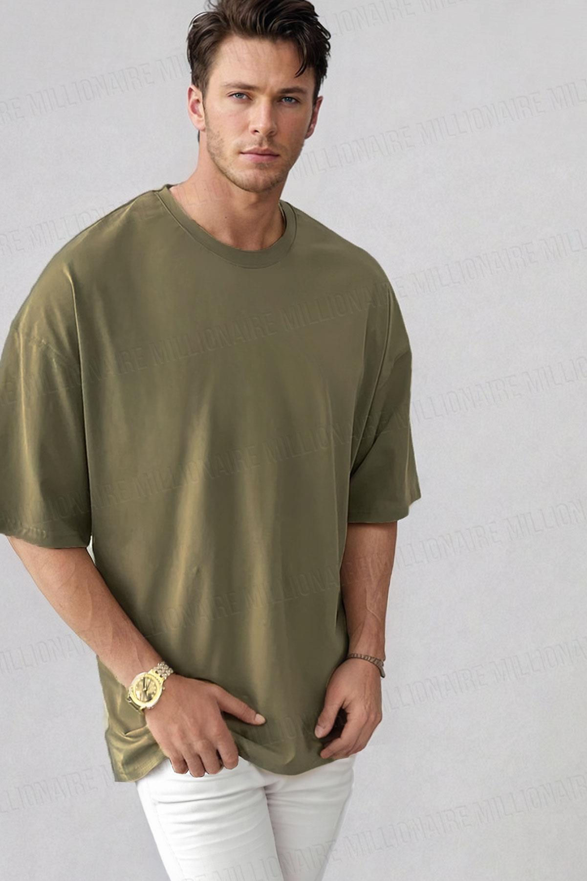 Erkek 3'lü Siyah, Beyaz ve Haki Basic Düz Baskısız Oversize Salas T-Shirt