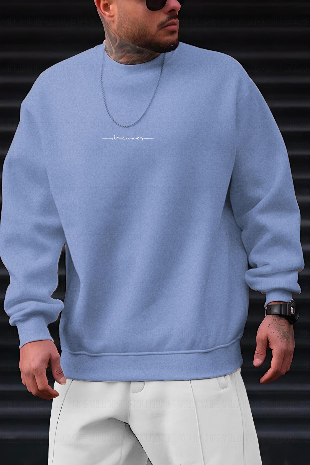 Erkek Açık Mavi Melanj Dreamer Baskılı 0 Sıfır Yaka Oversize Salaş Bol Kesim Polar Sweatshirt