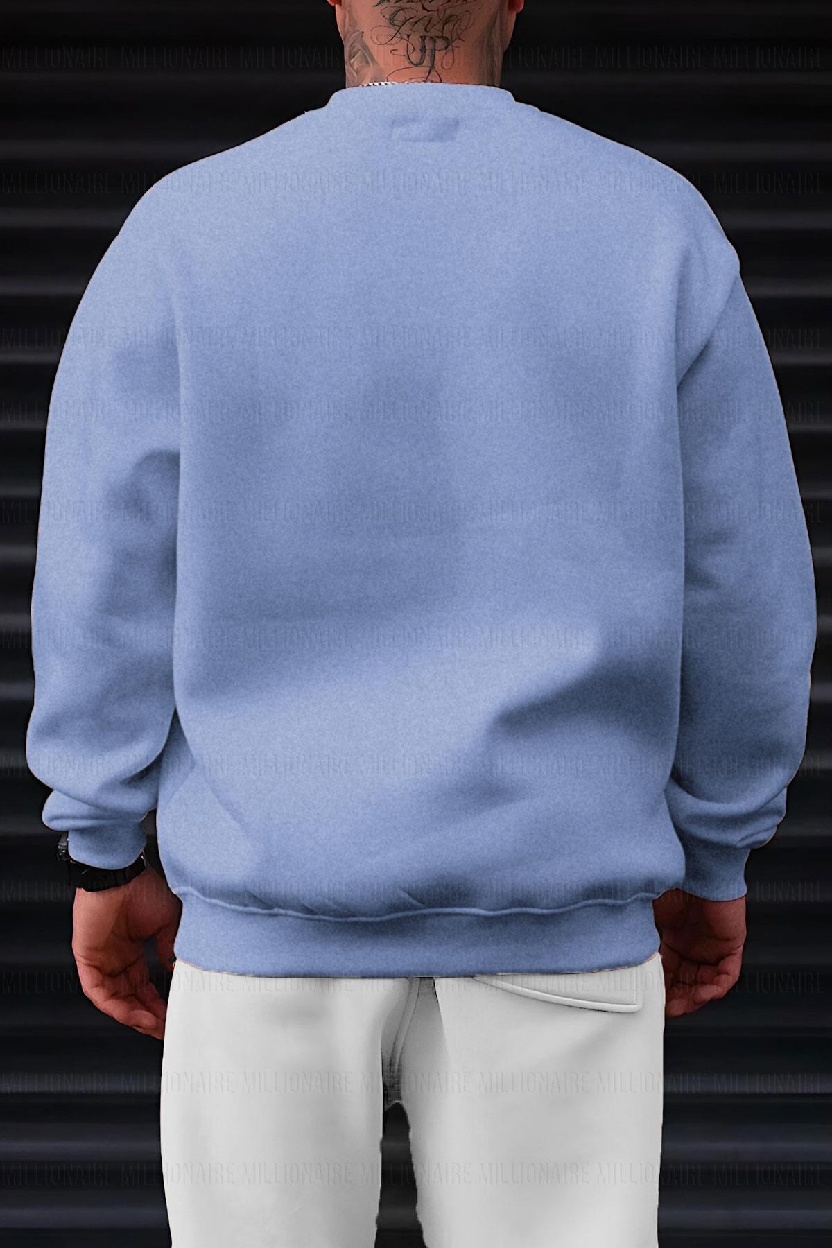 Erkek Açık Mavi Melanj Dreamer Baskılı 0 Sıfır Yaka Oversize Salaş Bol Kesim Polar Sweatshirt