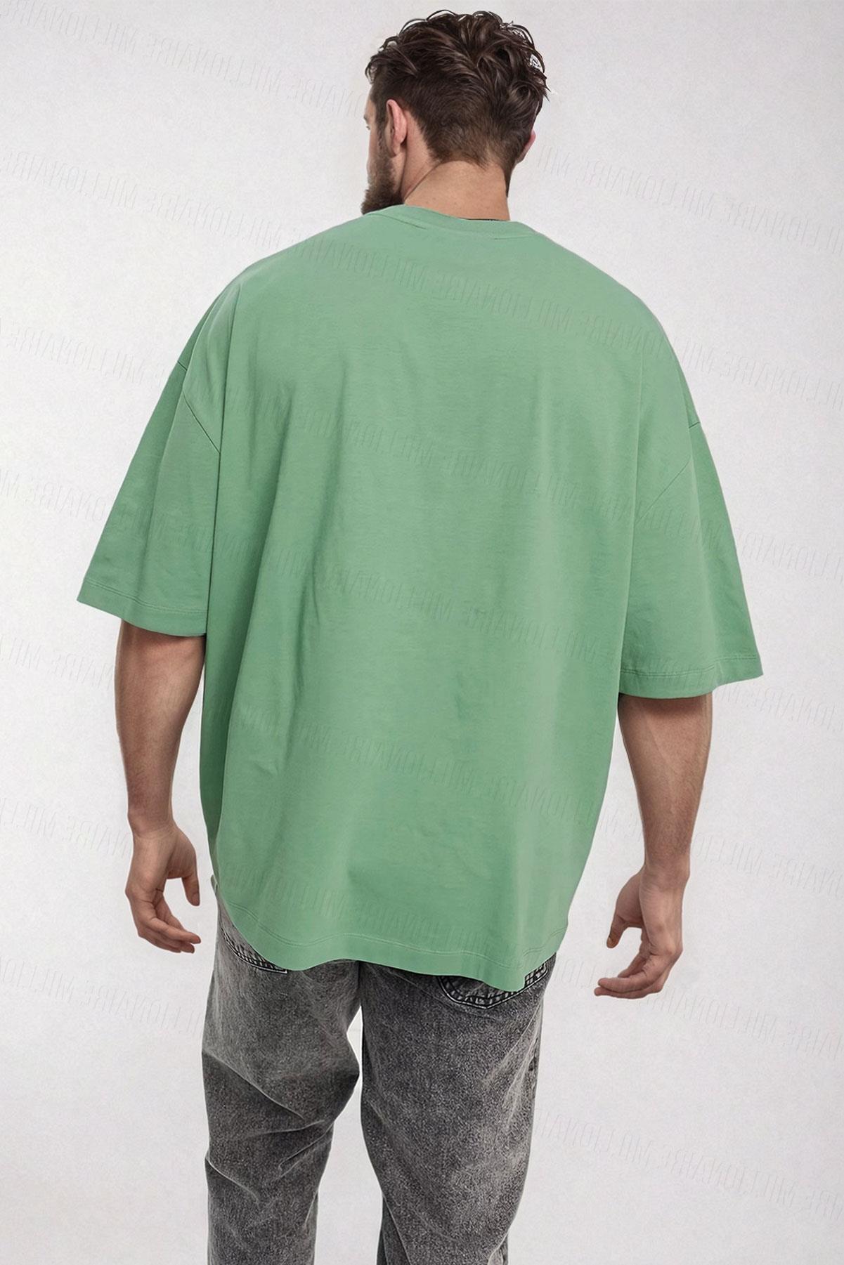 Erkek Açık Yeşil Basic Düz Baskısız Oversize Salas Boyfriend T-Shirt