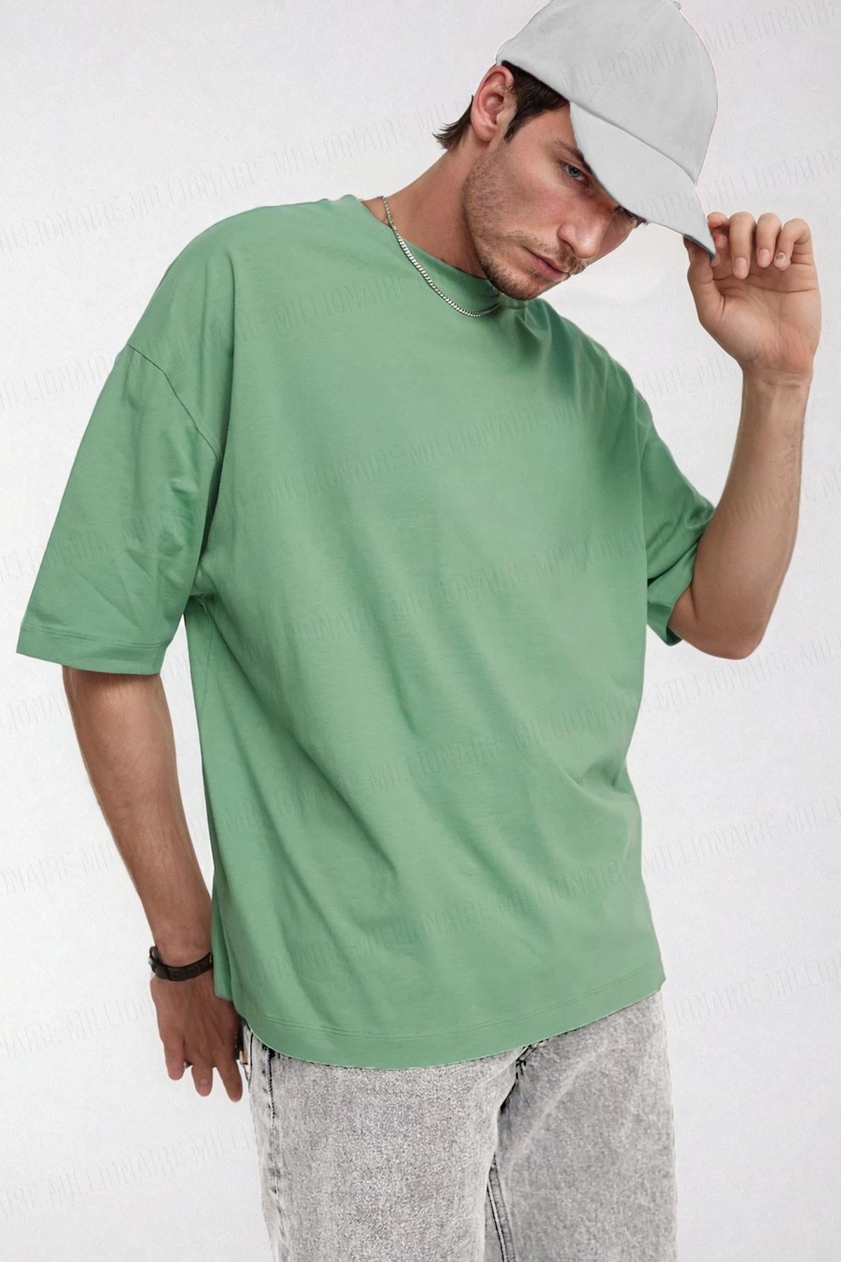 Erkek Açık Yeşil Basic Düz Baskısız Oversize Salas Boyfriend T-Shirt