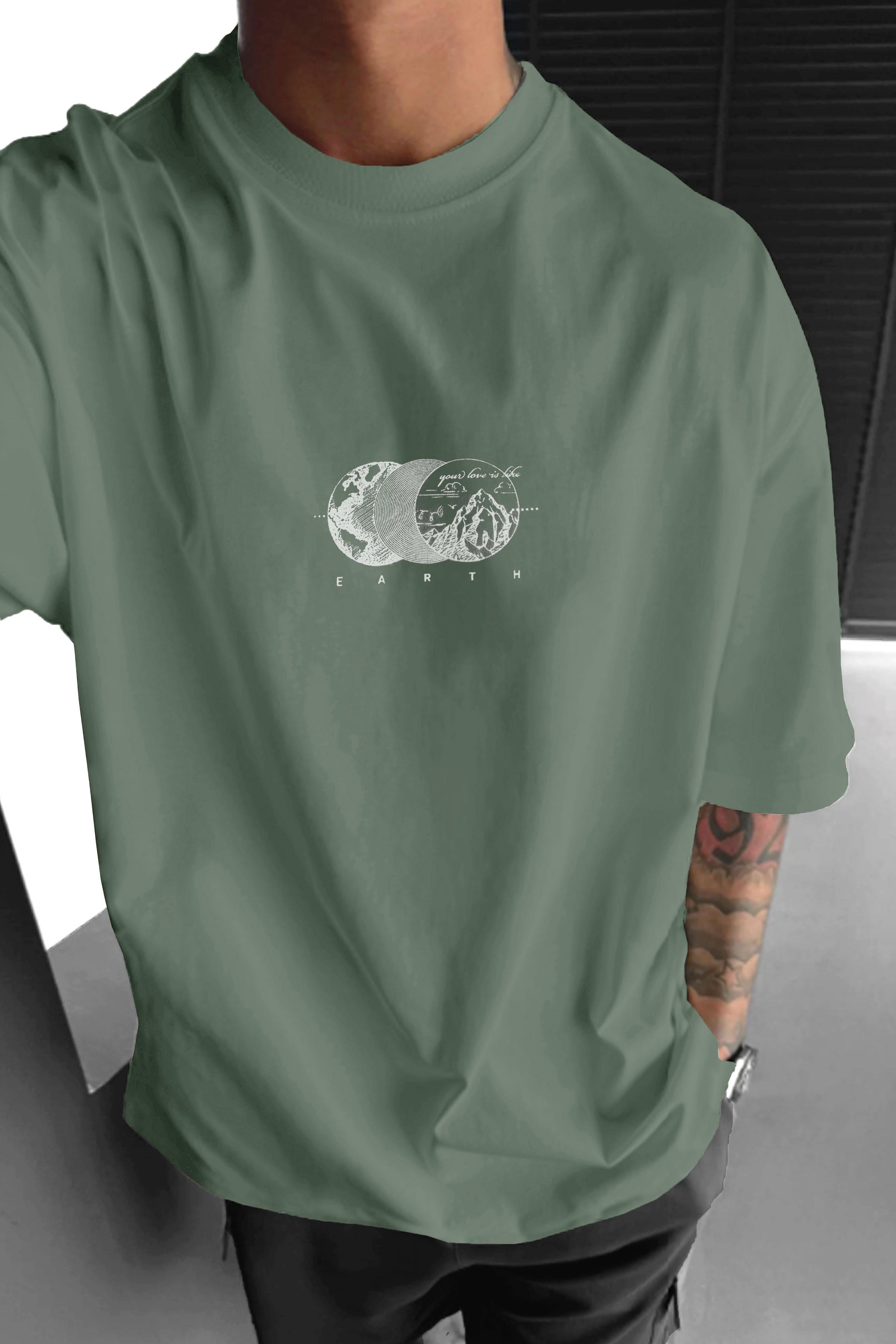 Erkek Açık Yeşil Earth Oversize Fit Bol Geniş Kalıp Salaş Kesim T-Shirt