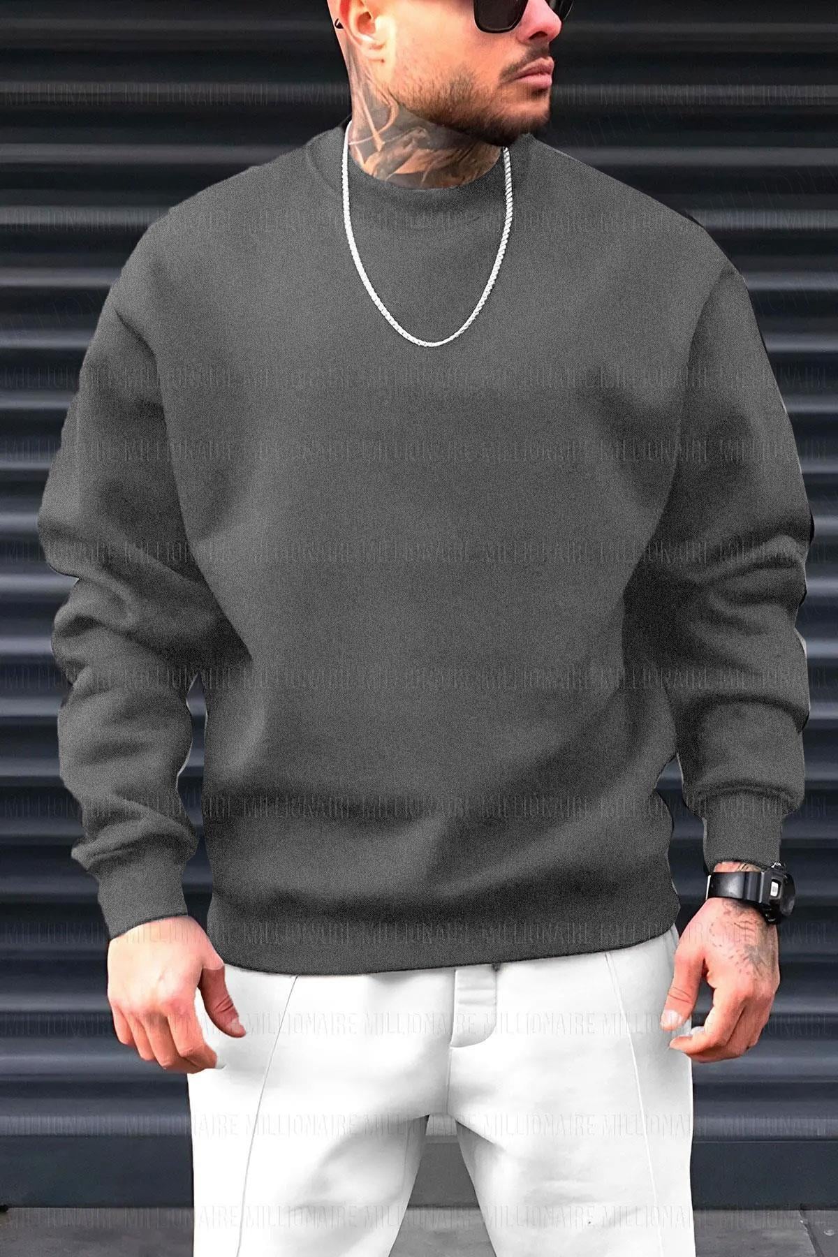 Erkek Antrasit Basic 0 Sıfır Yaka Baskısız Düz Oversize Salaş Bol Kesim Polar Sweatshirt