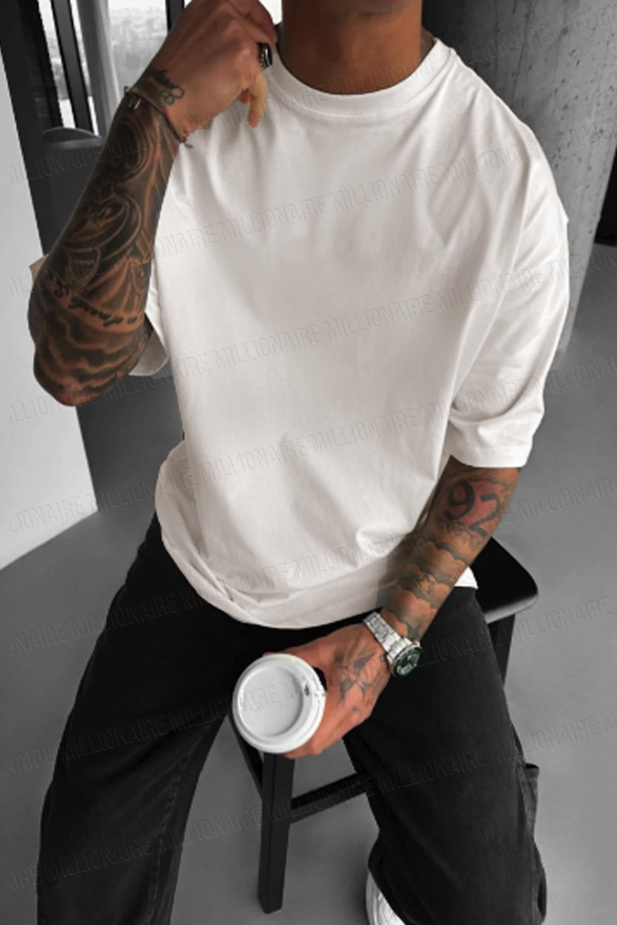 Erkek Beyaz Black Jack Oversize Fit Bol Geniş Kalıp Salaş Kesim T-shirt