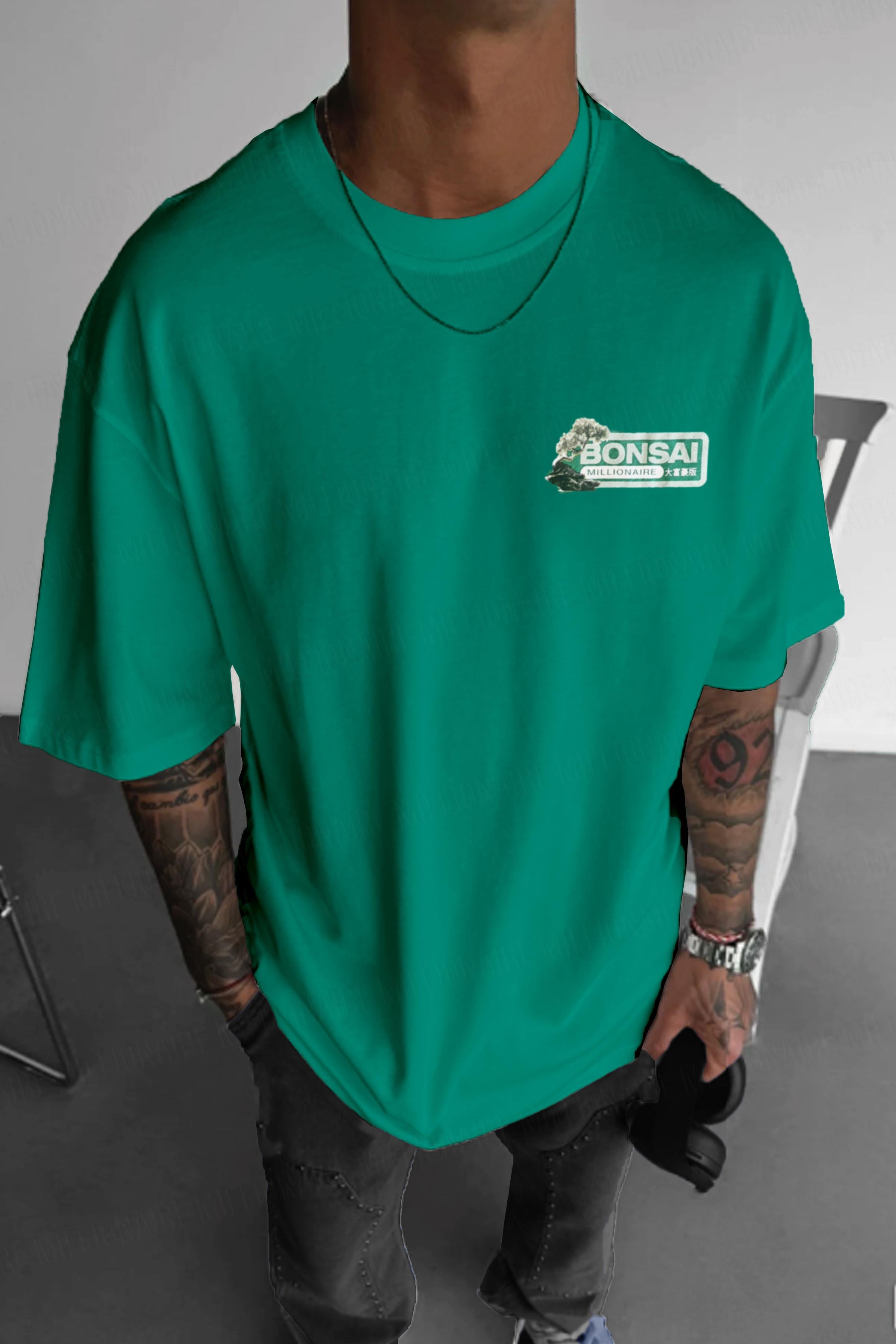 Erkek Bntn Yeşil Bonsai Oversize Fit Bol Geniş Kalıp Salaş Kesim T-shirt