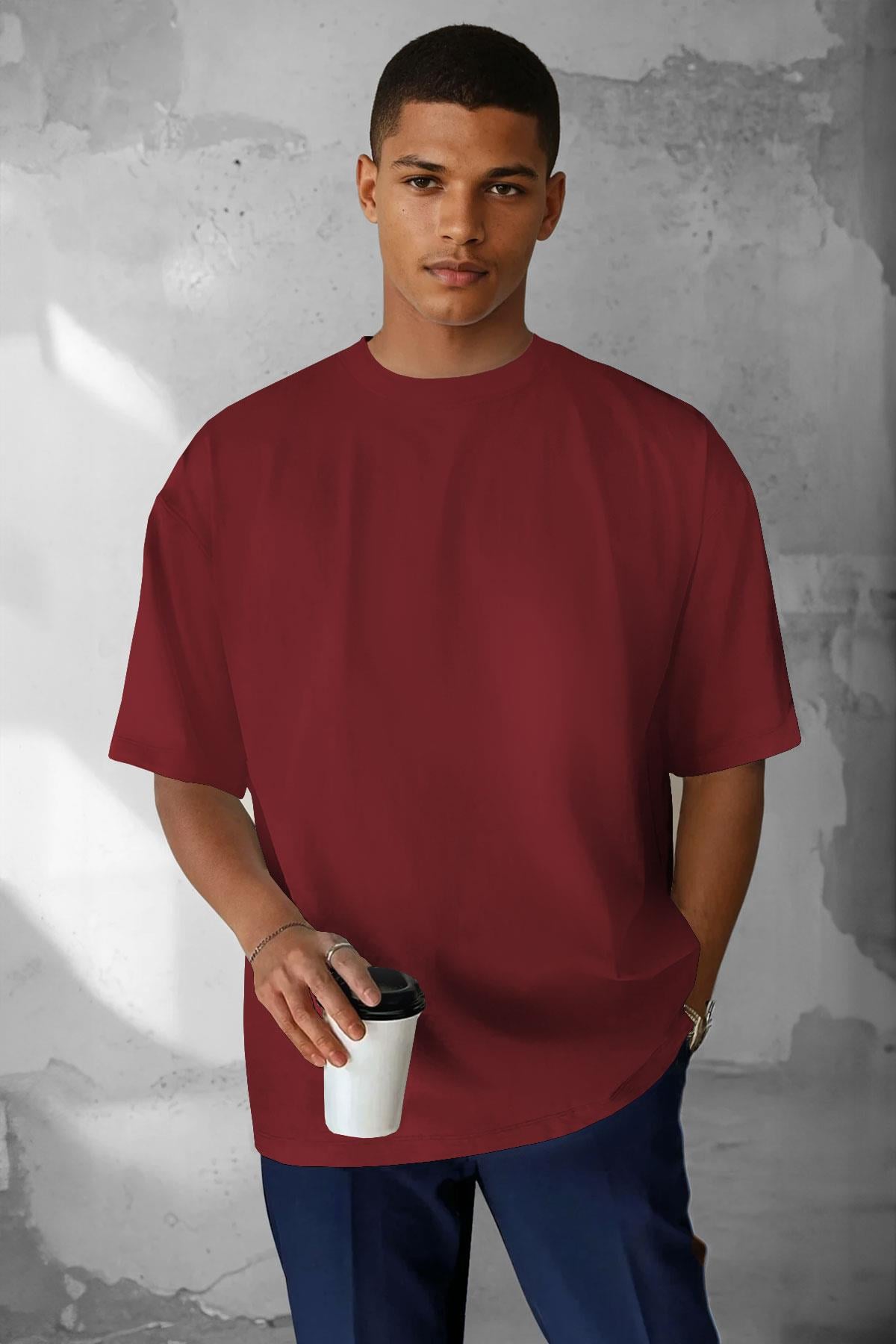 Erkek Bordo Basic Düz Baskısız Oversize Salas T-Shirt