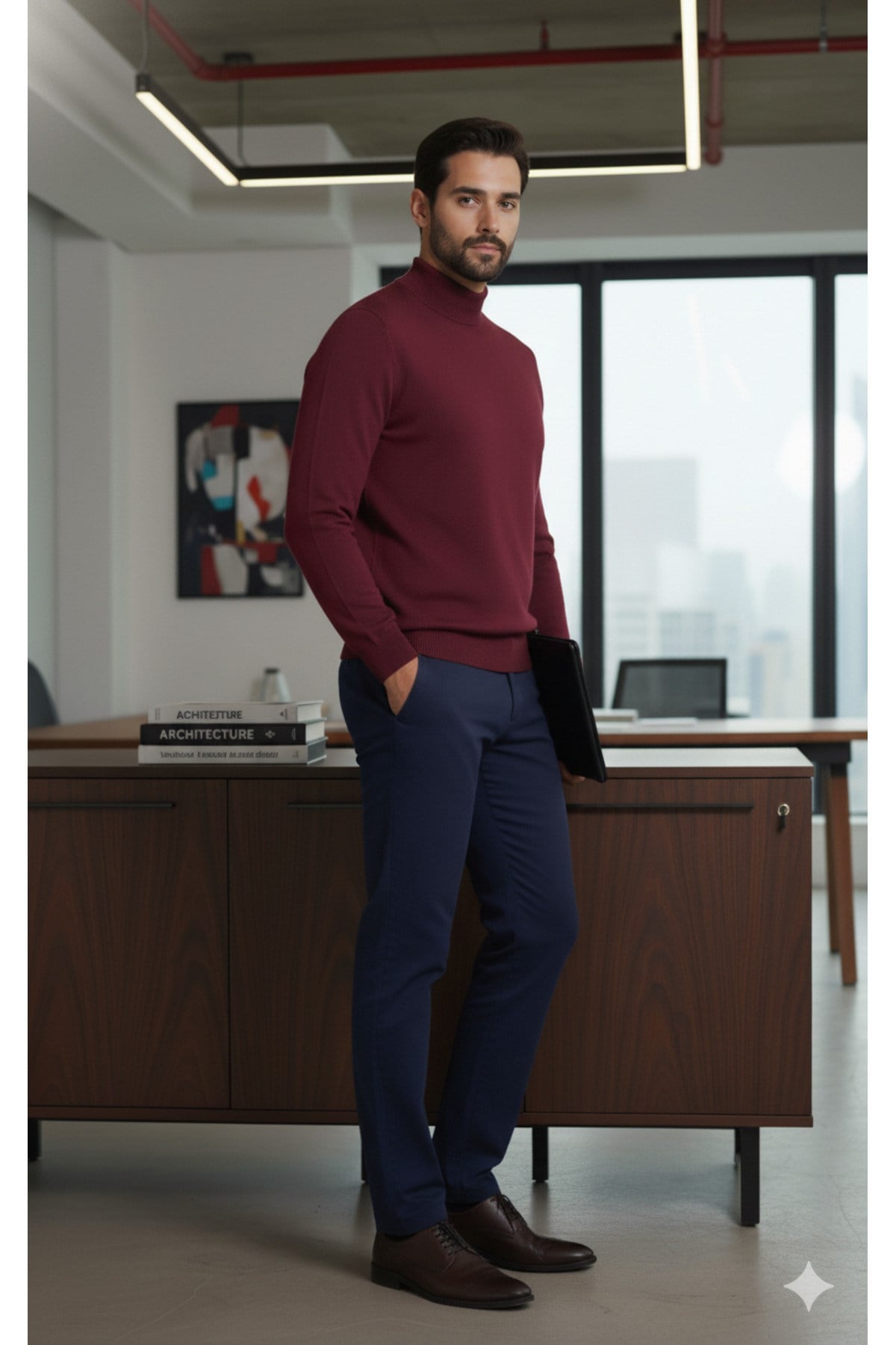 Erkek Bordo Yarım Balıkçı Yaka Standart Normal Kesim Regular Fit Akrilik Karışımlı Triko Kazak