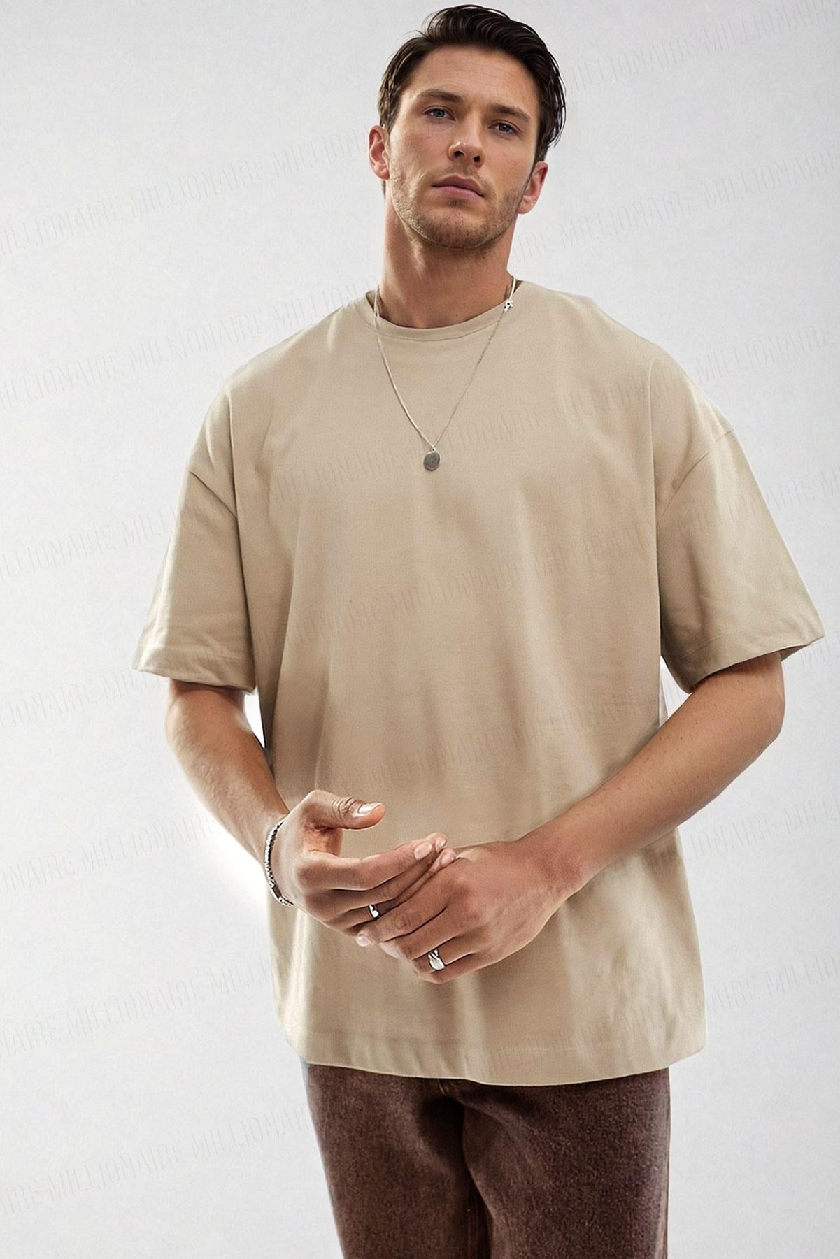 Erkek Camel Sütlü Kahve Basic Düz Baskısız Oversize Salas Boyfriend T-Shirt