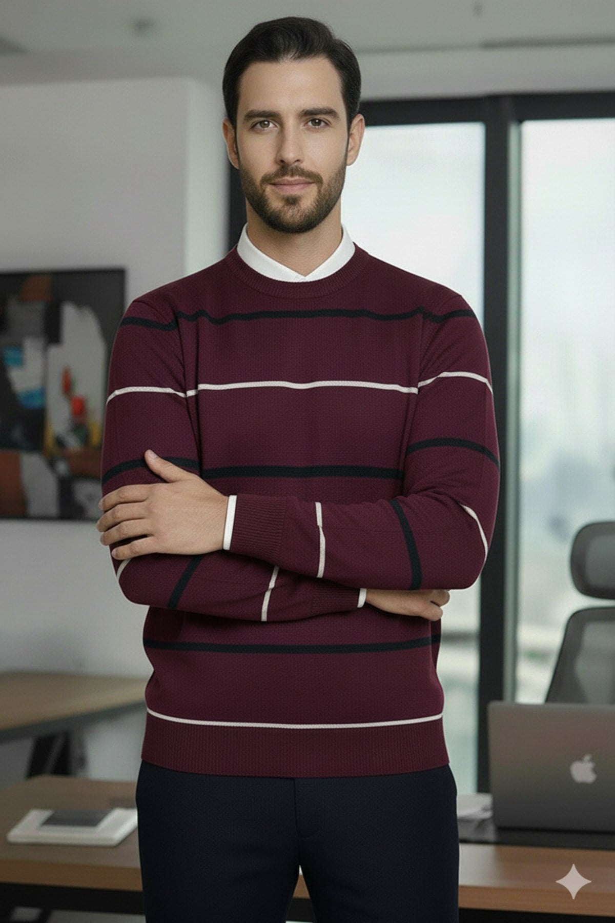 Erkek Çizgi Detaylı Bordo Bisiklet Yaka Standart Normal Kesim Regular Fit Karışımlı Triko Kazak