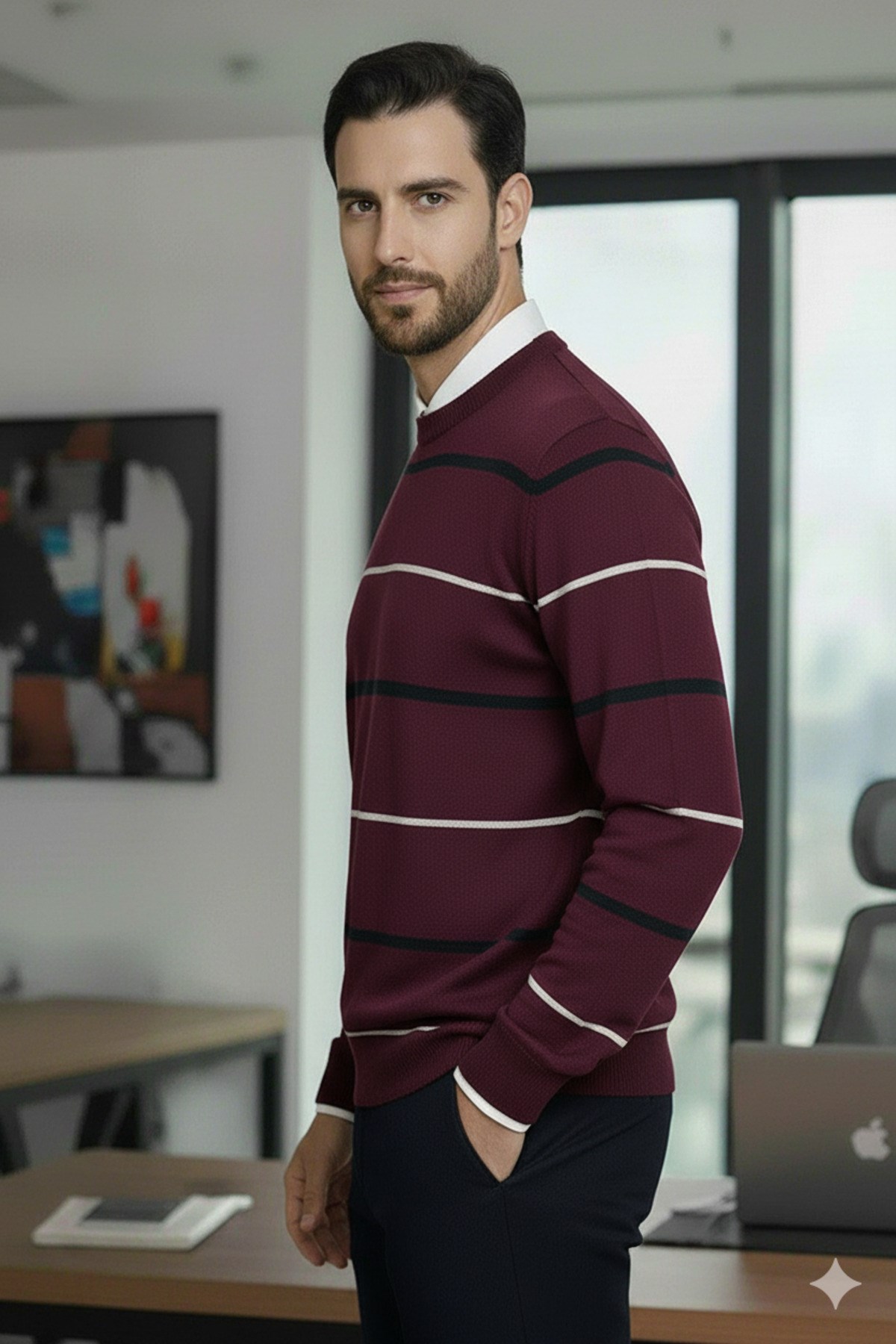 Erkek Çizgi Detaylı Bordo Bisiklet Yaka Standart Normal Kesim Regular Fit Karışımlı Triko Kazak