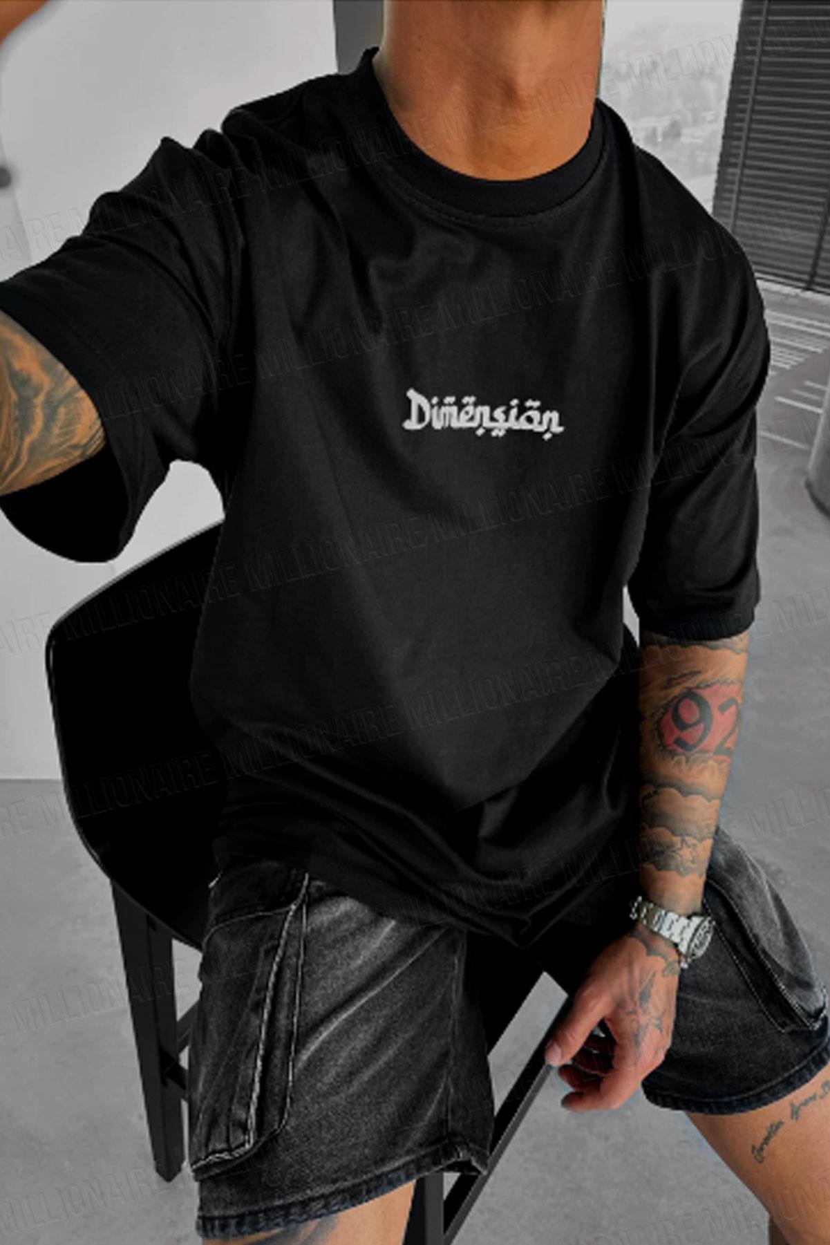 Erkek Dimension Baskılı Siyah Bisiklet Yaka Oversize Salaş T-Shirt