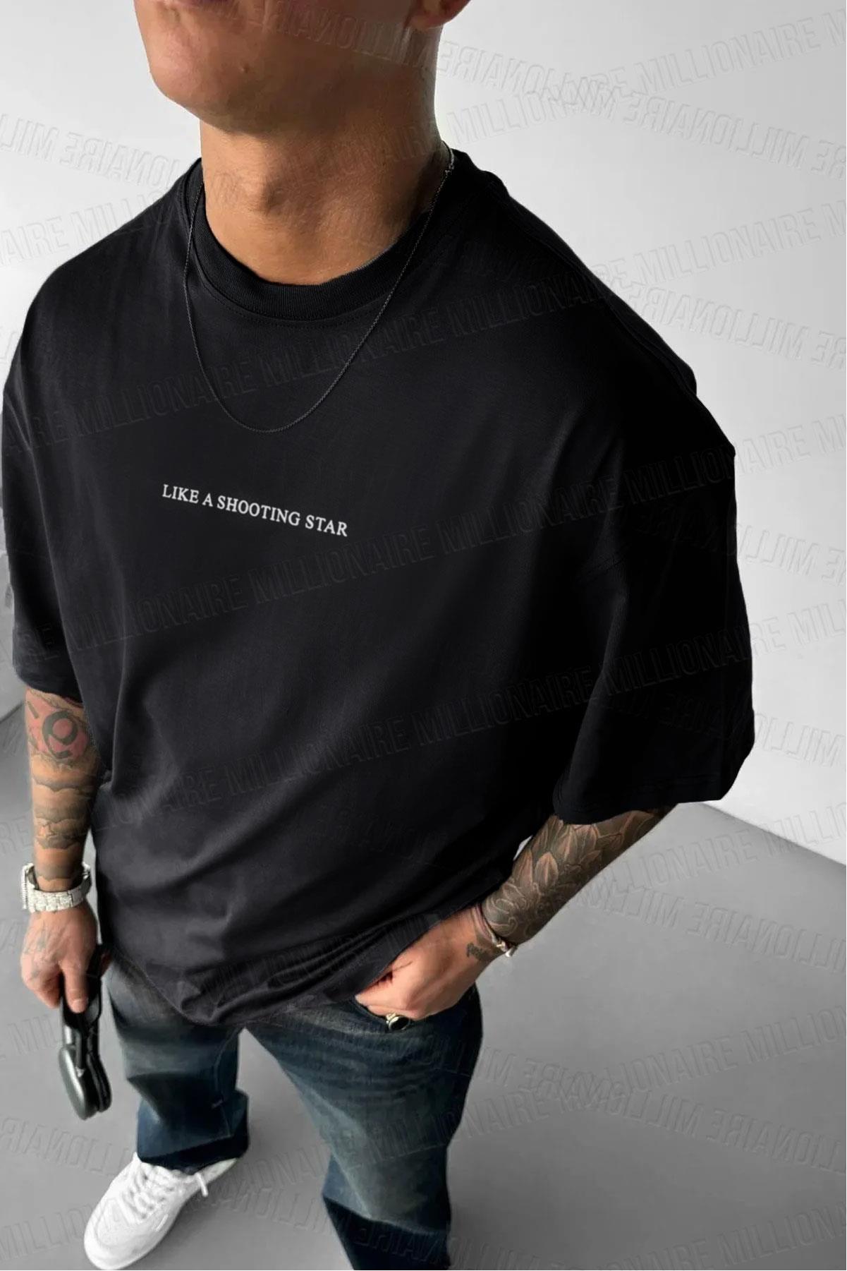 Erkek Dragon Baskılı Siyah Bisiklet Yaka Oversize Salaş T-Shirt