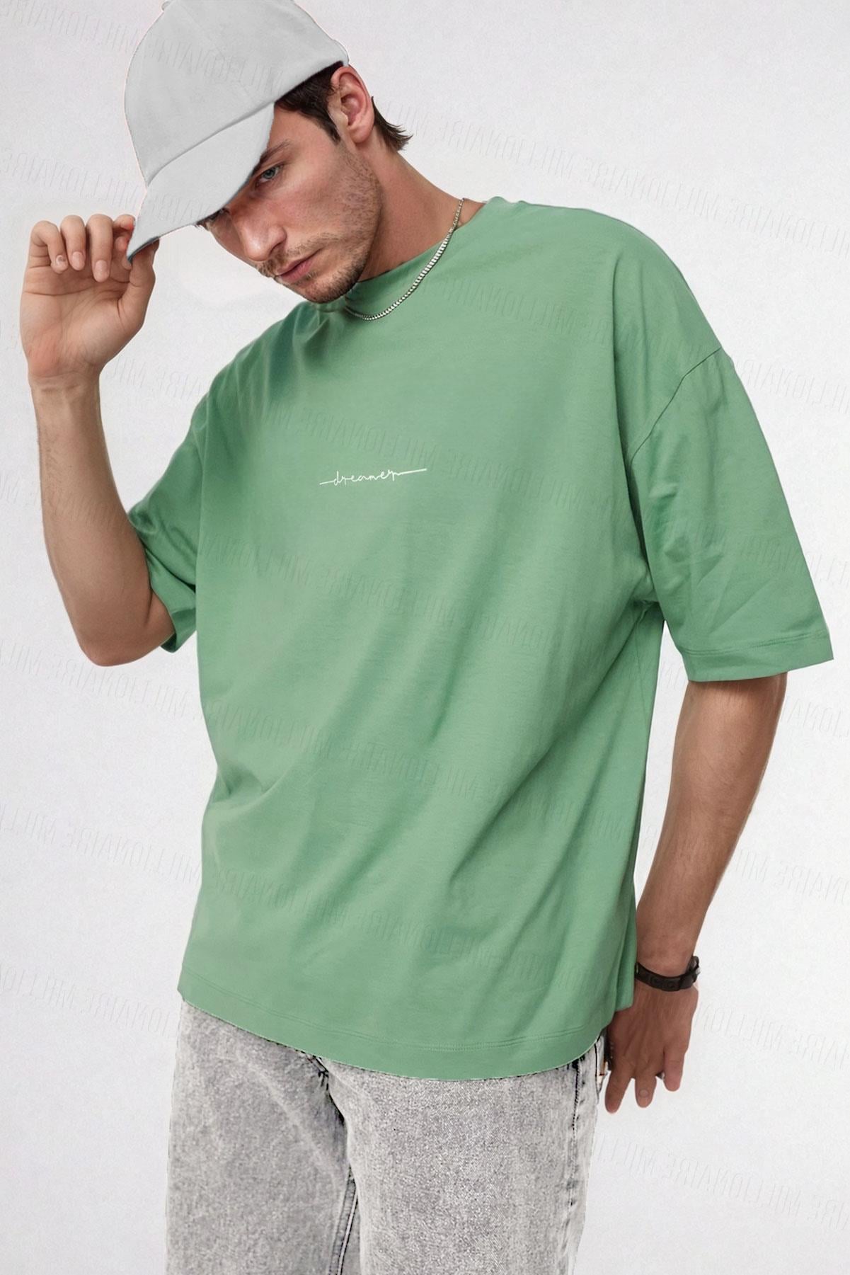 Erkek Dreamer Açık Yeşil Baskılı Oversize Salas Boyfriend T-Shirt