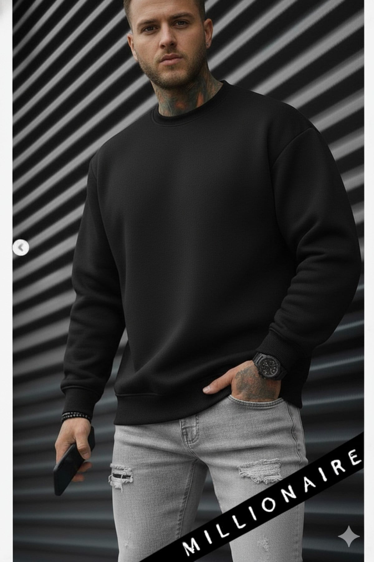 Erkek Düz Siyah Basic Baskısız Sıfır Bisiklet Yaka Oversize Salaş Sweatshirt Sweat