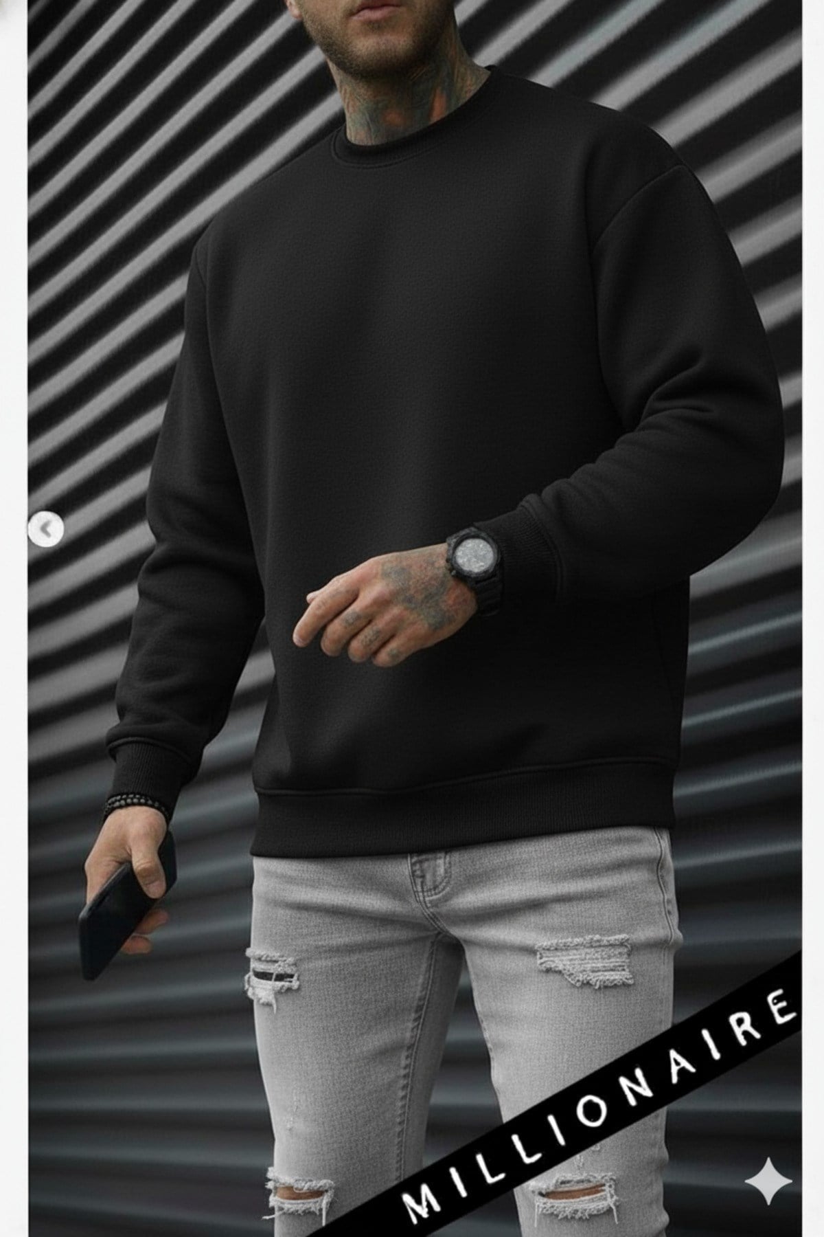 Erkek Düz Siyah Basic Baskısız Sıfır Bisiklet Yaka Oversize Salaş Sweatshirt Sweat