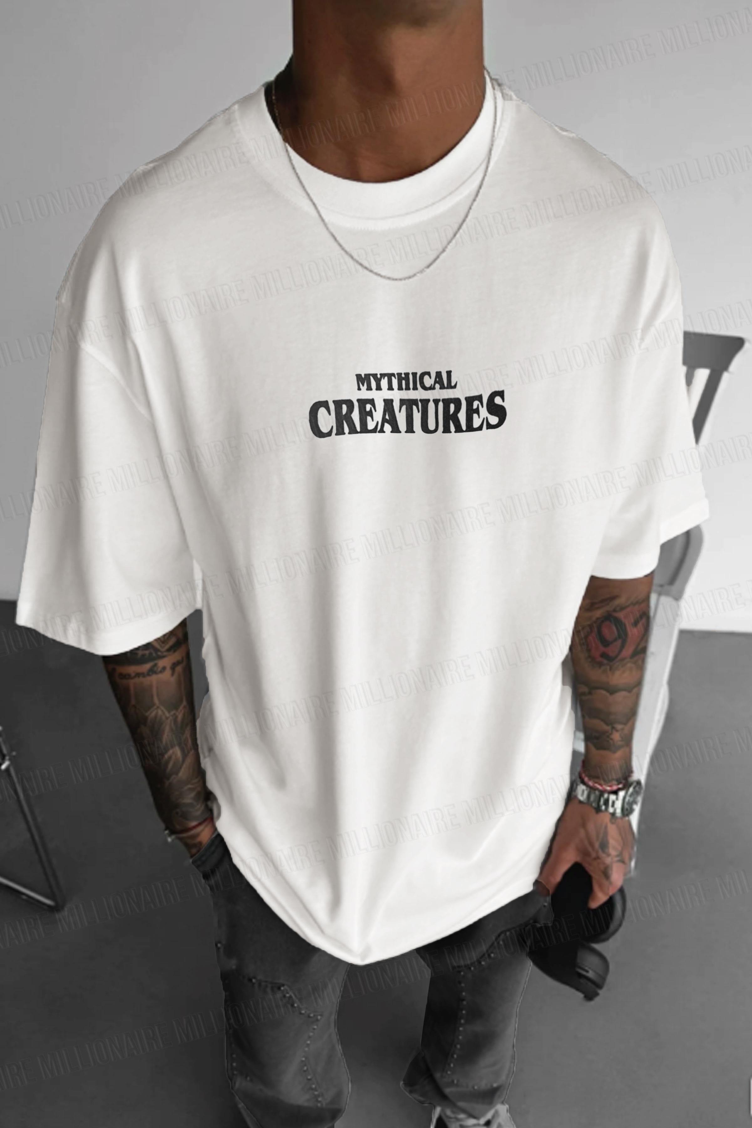 Erkek Ekru Beyaz Creatures Oversize Fit Bol Geniş Kalıp Salaş Kesim T-shirt