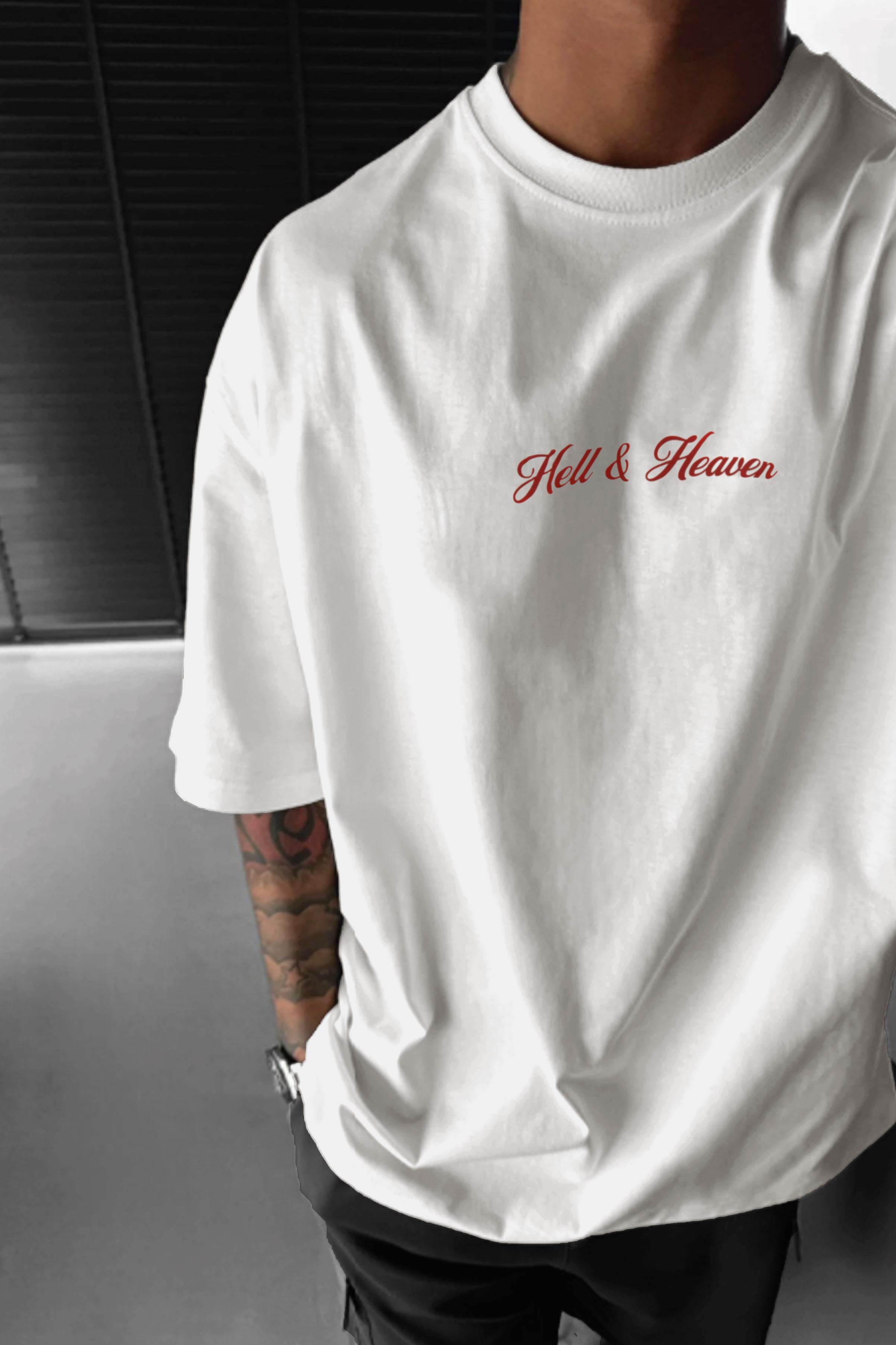 Erkek Ekru Beyaz Devil And Angel Oversize Fit Bol Geniş Kalıp Salaş Kesim T-shirt