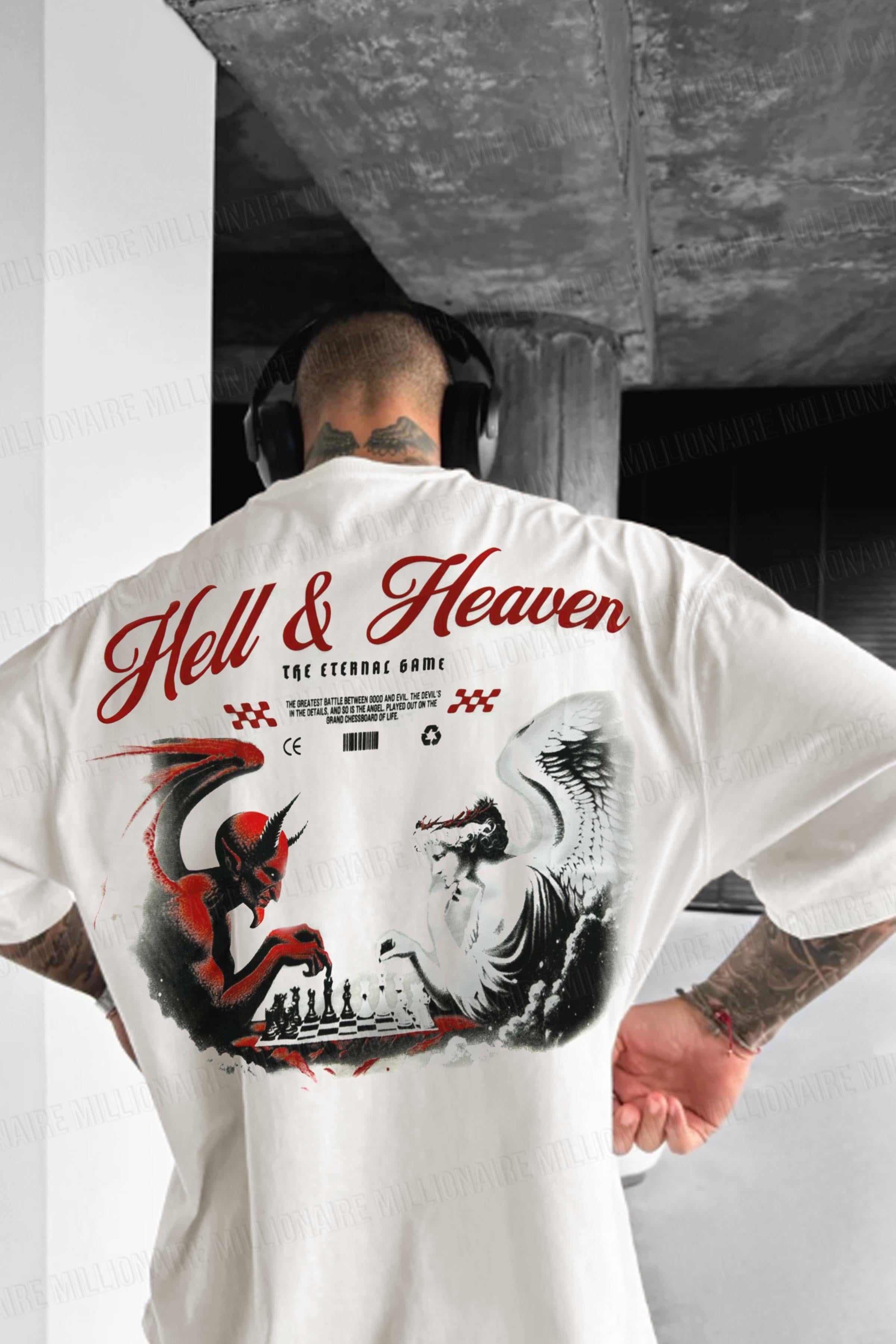 Erkek Ekru Beyaz Devil And Angel Oversize Fit Bol Geniş Kalıp Salaş Kesim T-shirt