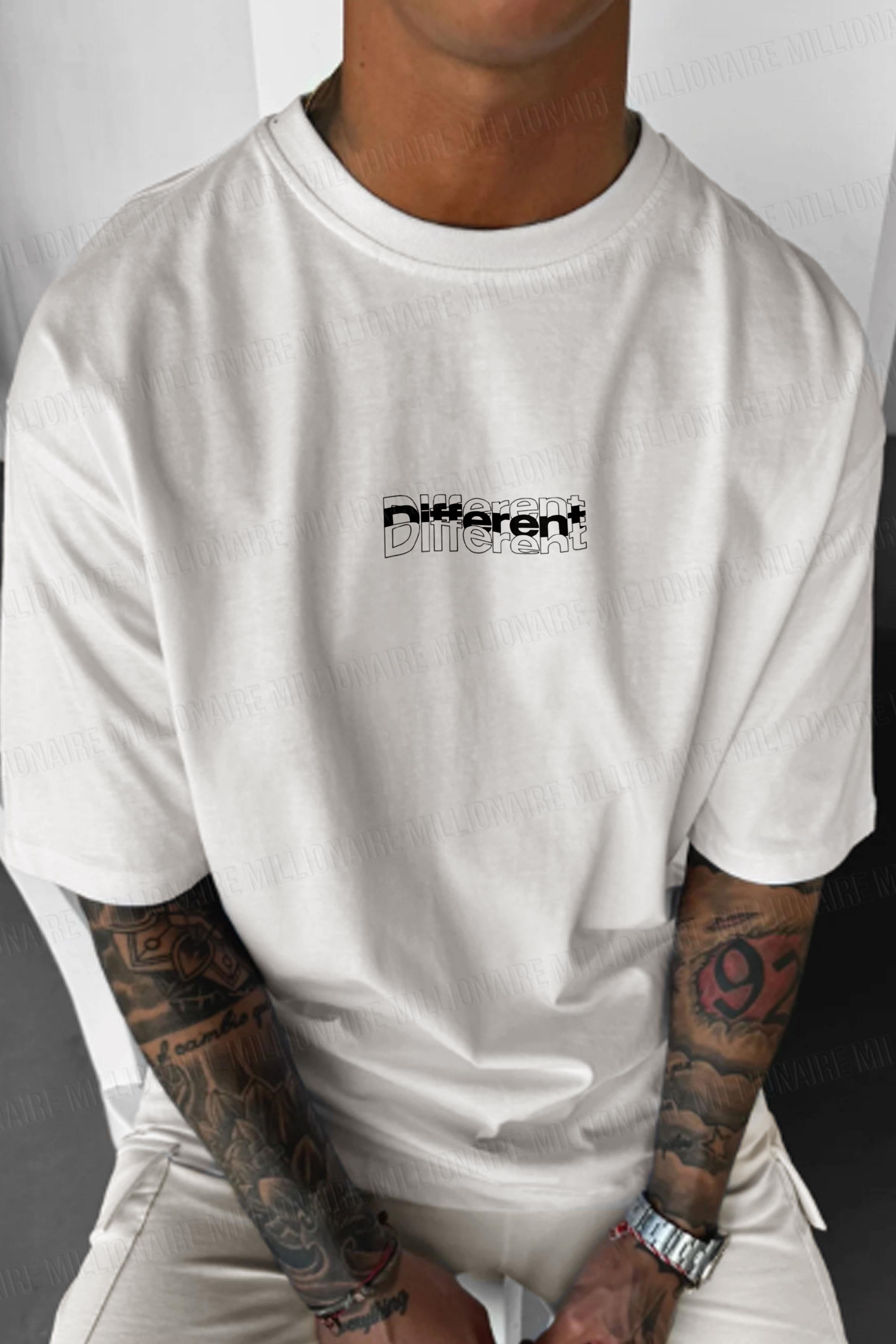 Erkek Ekru Beyaz Different Oversize Fit Bol Geniş Kalıp Salaş Kesim T-shirt