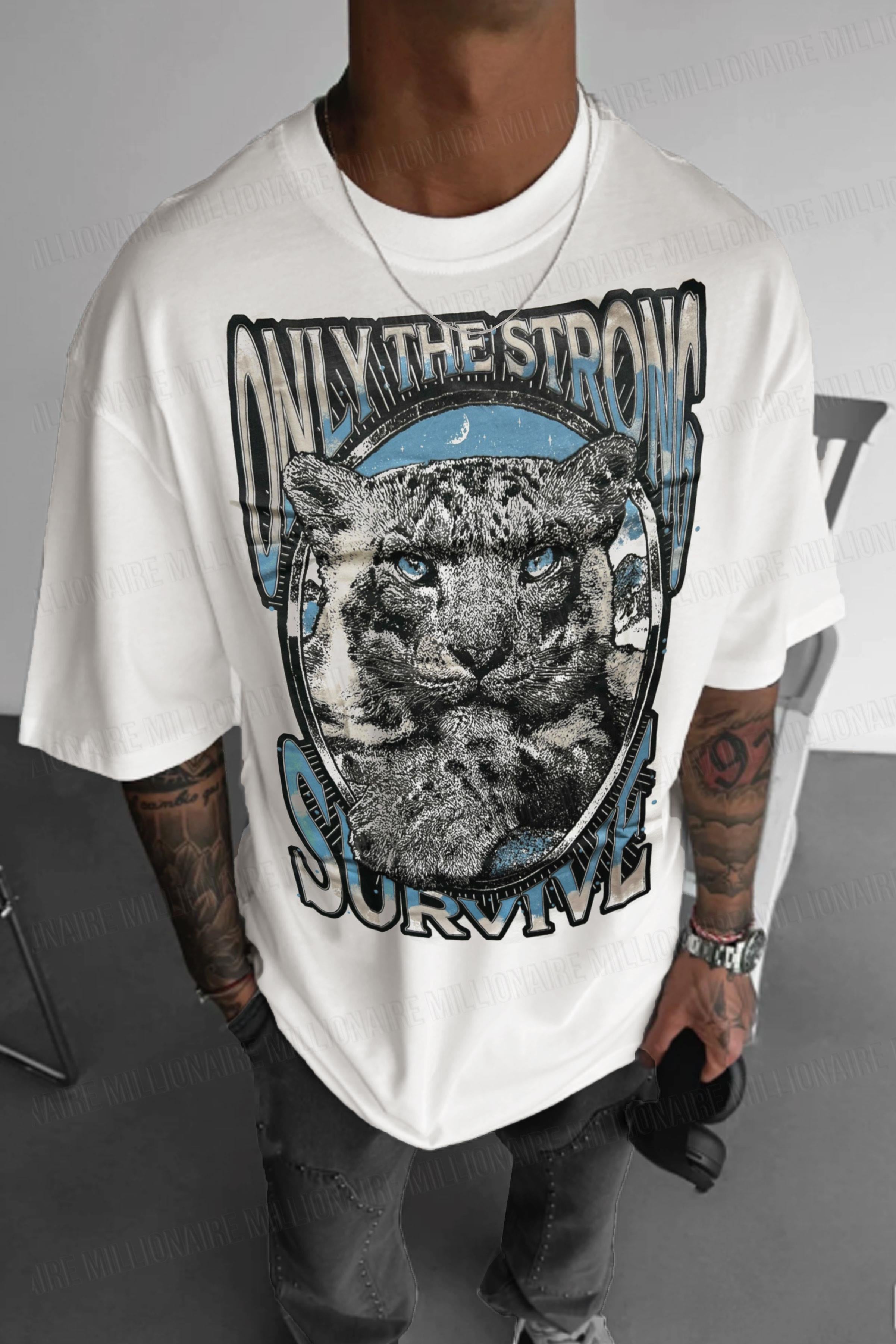 Erkek Ekru Beyaz Survive Oversize Fit Bol Geniş Kalıp Salaş Kesim T-shirt