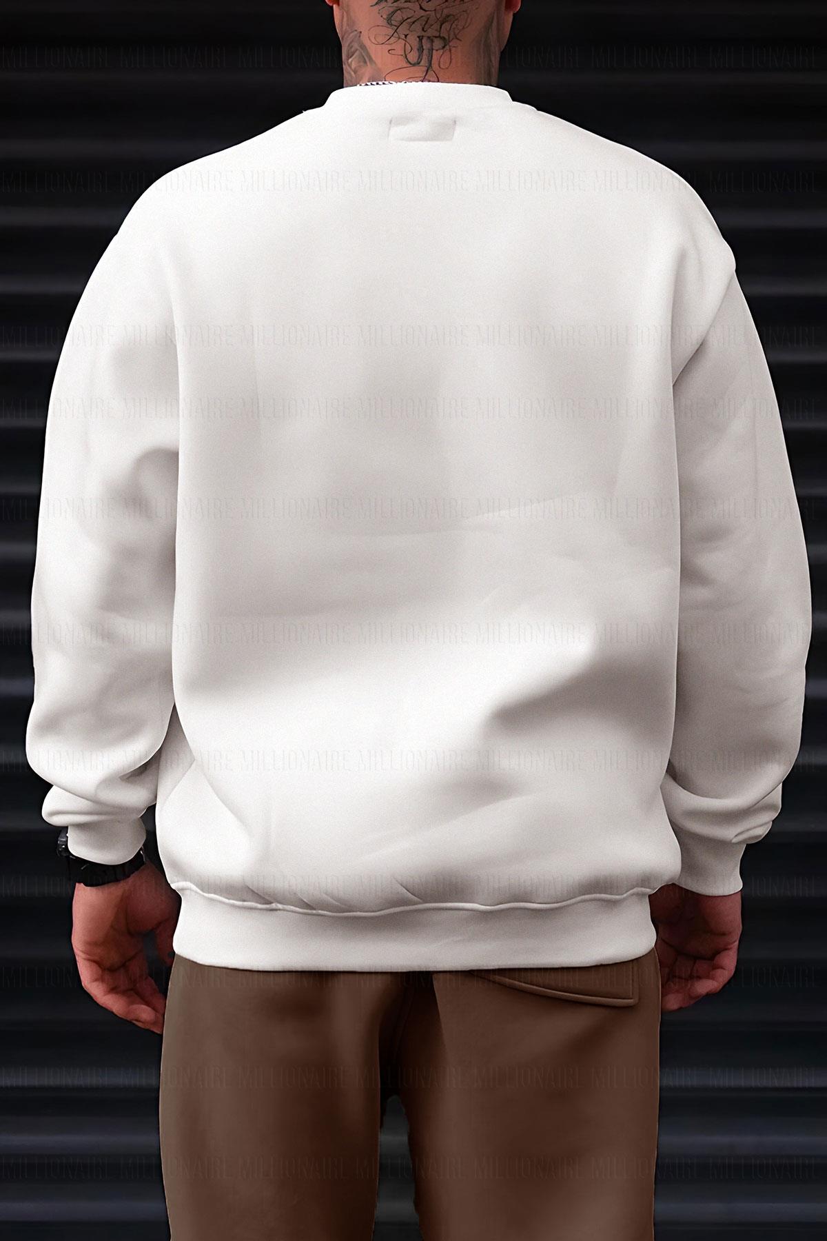 Erkek Ekru But First Coffee Baskılı 0 Sıfır Yaka Oversize Salaş Bol Kesim Polar Sweatshirt