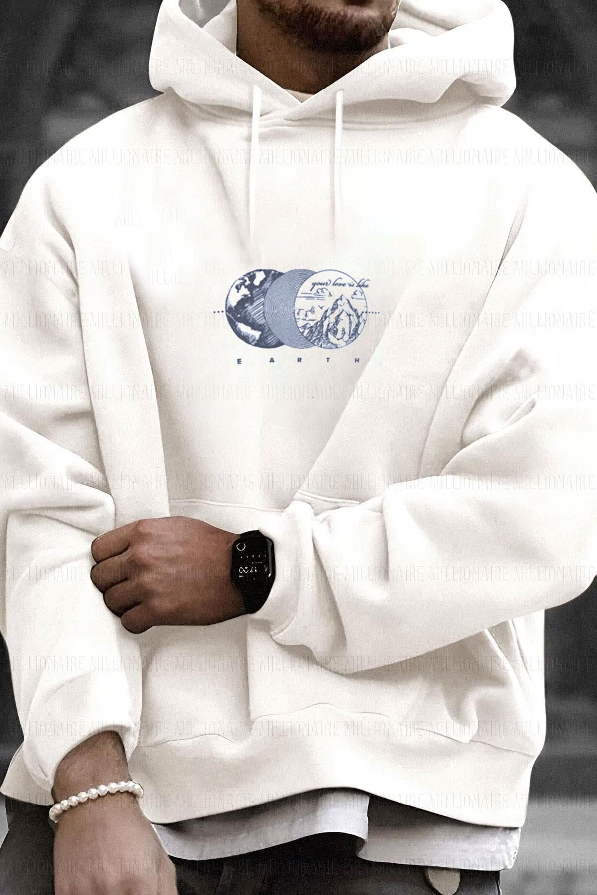 Erkek Ekru Kırık Beyaz Earth 3 iplik Şardonlu Kapüşonlu Kanguru Cepli Oversize Salaş Hoodie Sweatshirt