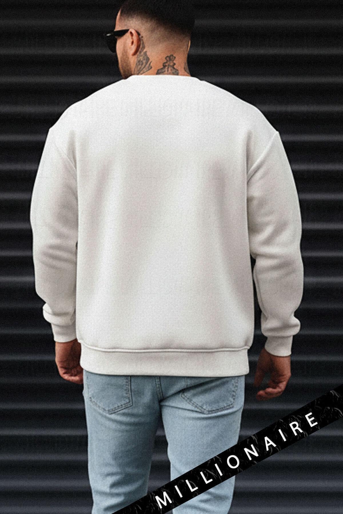 Erkek Ekru Kırık Beyaz Geyik Kalın Soft 3 İplik içi Şardonlu 0 Sıfır Yaka Oversize Salaş Sweatshirt