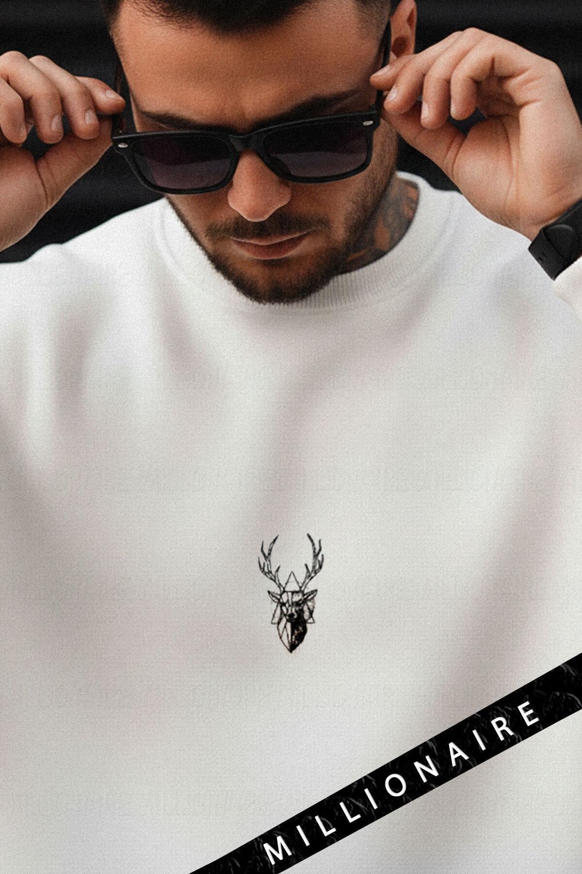 Erkek Ekru Kırık Beyaz Geyik Kalın Soft 3 İplik içi Şardonlu 0 Sıfır Yaka Oversize Salaş Sweatshirt