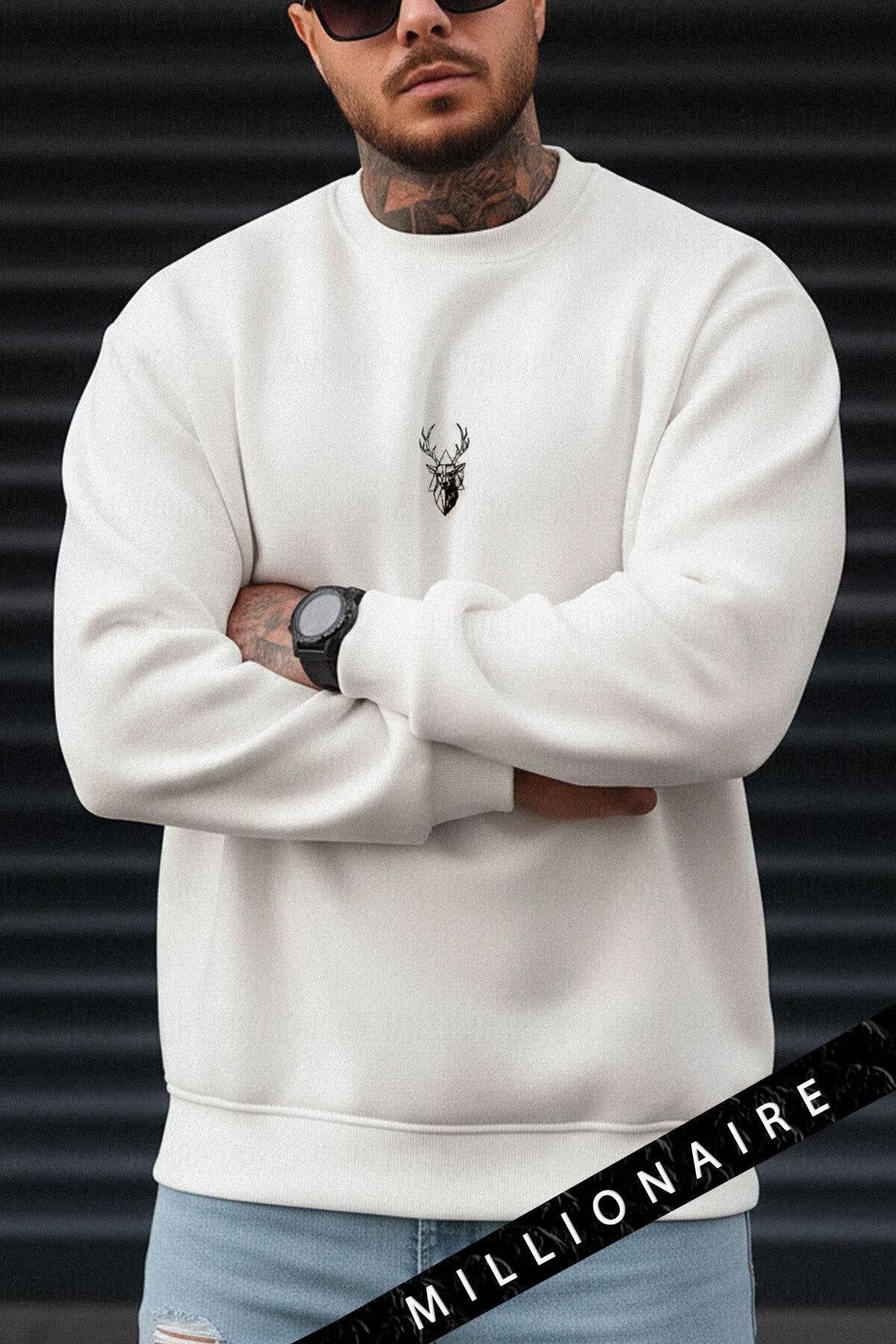 Erkek Ekru Kırık Beyaz Geyik Kalın Soft 3 İplik içi Şardonlu 0 Sıfır Yaka Oversize Salaş Sweatshirt
