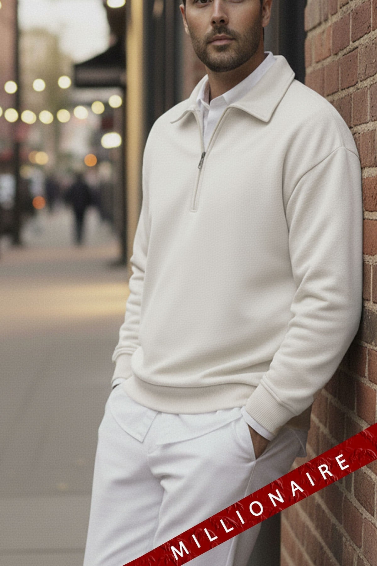 Erkek Ekru Kırık Beyaz Yarım Fermuar Polo Yaka 3 İplik İçi Polarlı Şardonlu Oversize Sweatshirt