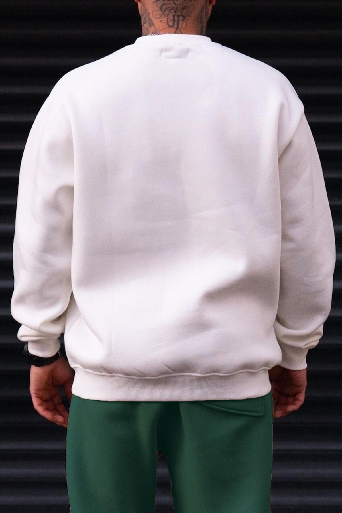 Erkek Erku Kırık Beyaz Club Martini Baskılı 0 Sıfır Yaka Oversize Salaş Bol Kesim Polar Sweatshirt