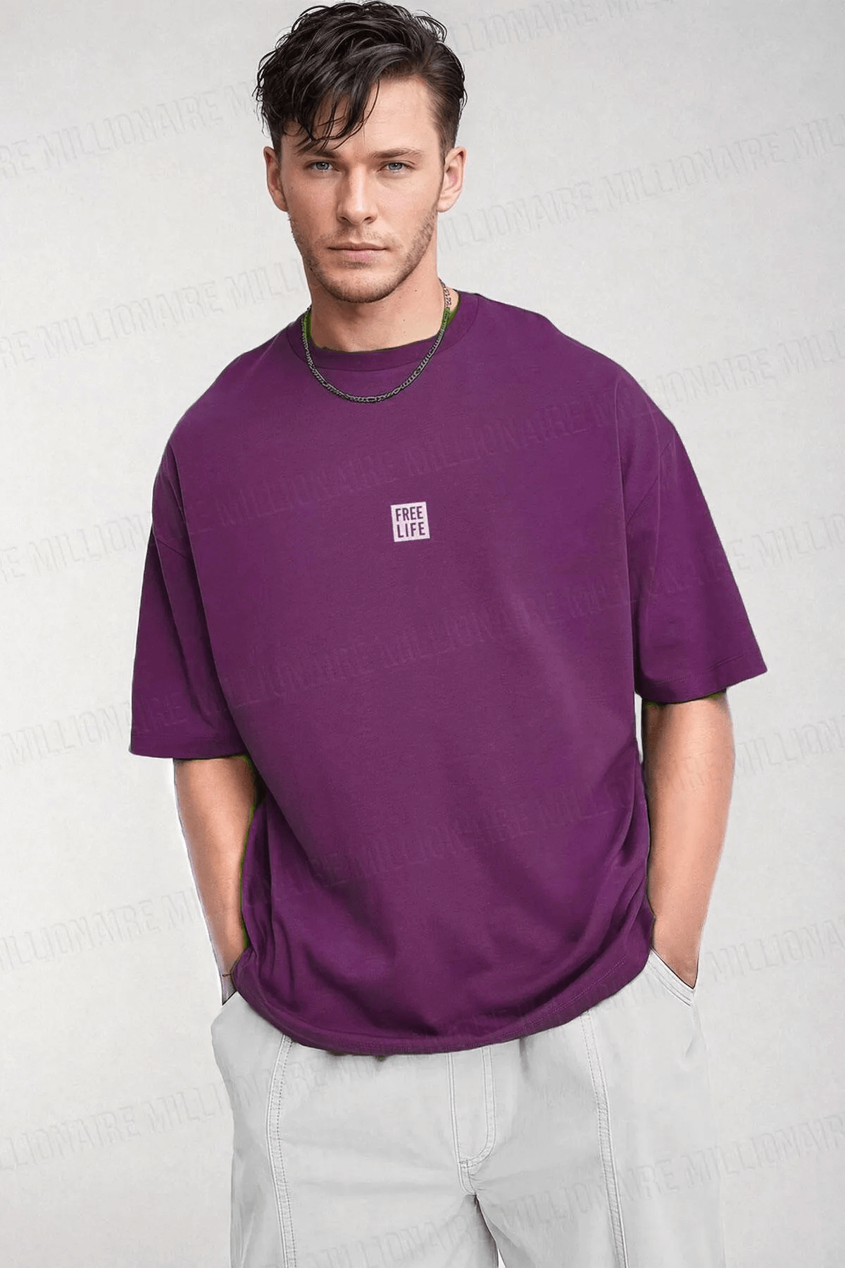 Erkek Free Life Mor Bisiklet Yaka Oversize Salas T-Shirt